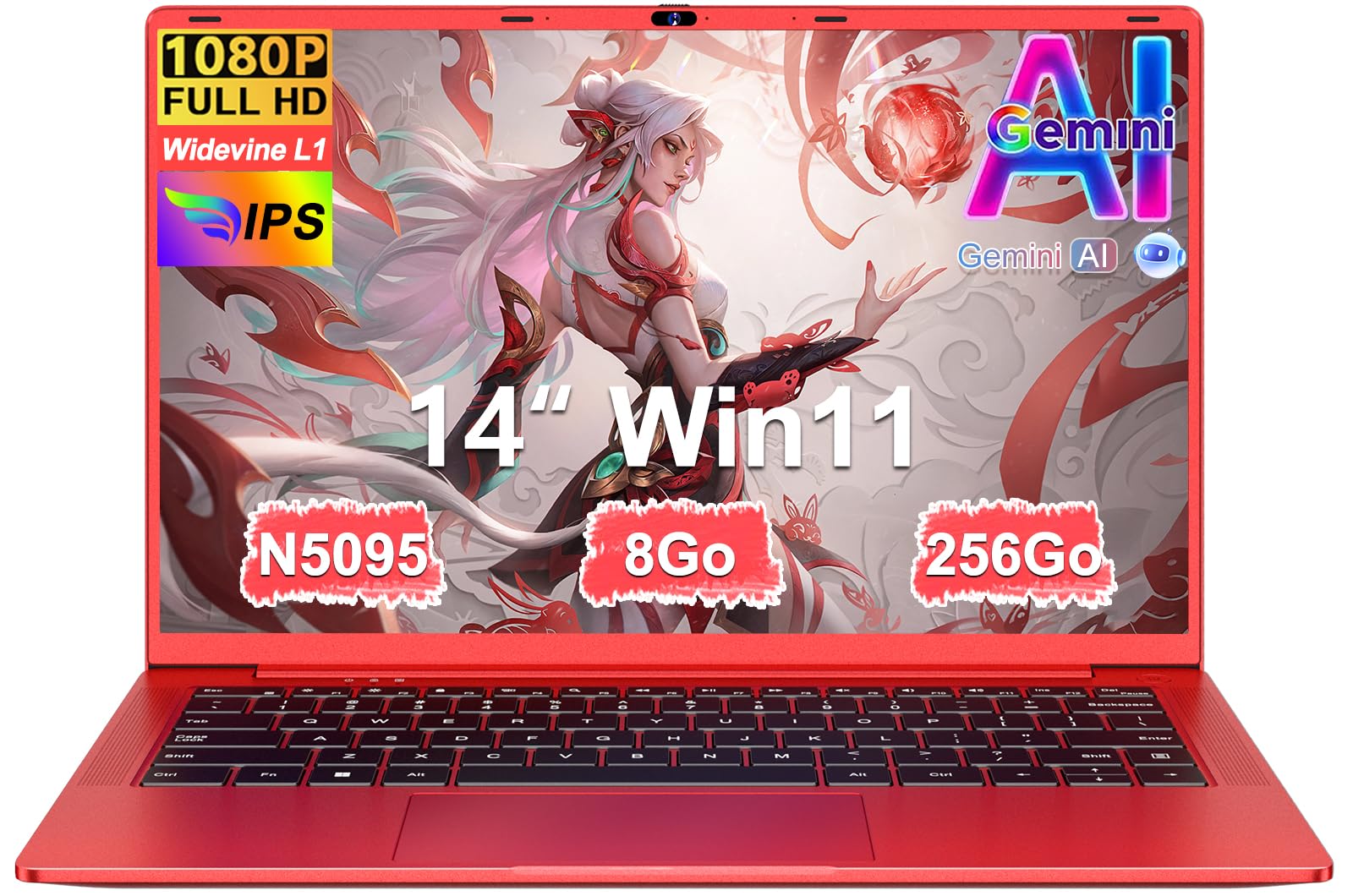 Ordinateur Portable 14 Pouces Celeron N5095 (jusqu'à 2,9 GHz) Win11 8Go 256Go SSD Extension1To 5G WiFi 1920x1080HD PC Portable avec Souris sans Fil QWERTY Clavier avec AZERTY Membrane Clavier-Rouge-13