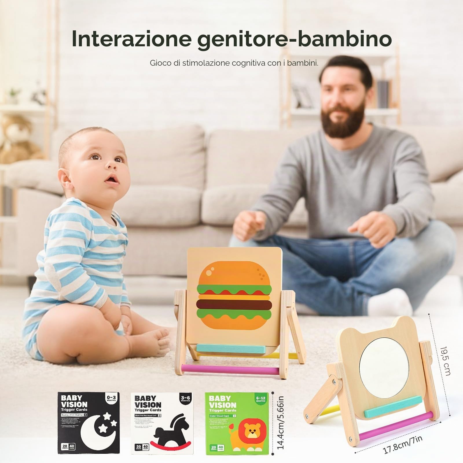 WOODEN TEETHER Specchio per Bambini - Specchio Montessori per Neonati con 120 Pagine di Carte Visivamente Stimolanti, Giocattolo in Legno per Pancia-Tempo, Giocattolo Montessori per Neonati 0 3 6 12