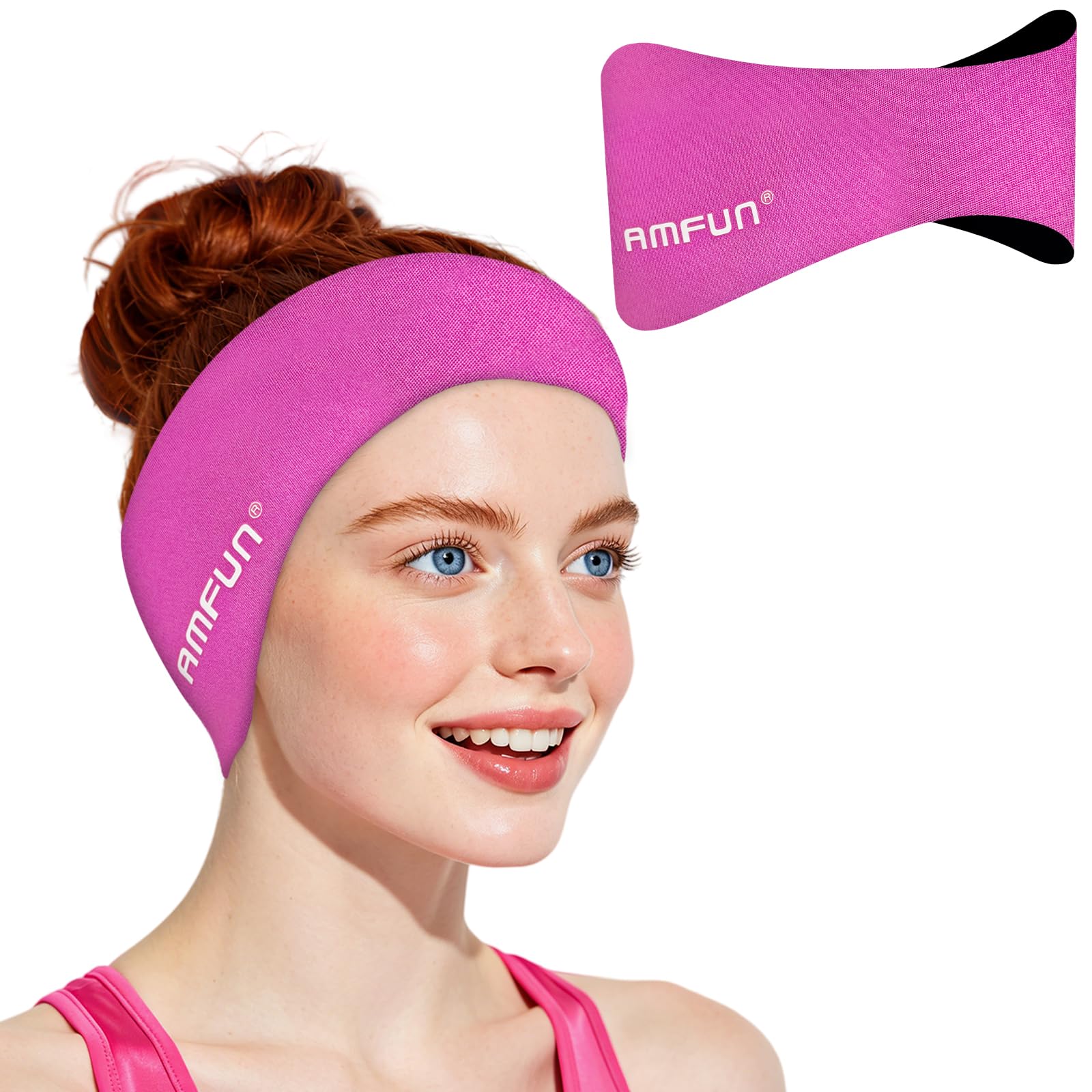AMFUN Swimming Headband for Kids Adults, Adjustable Neoprene Ear Cover, Waterproof Keep Dry Hold Earplugs, Comfortable Headband for Swimming Surfing Kayaking,L,Rose Red