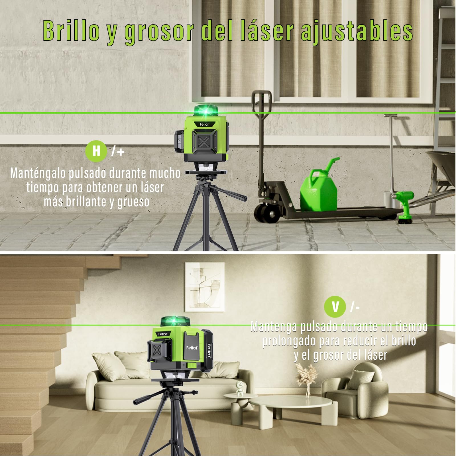 Nivel Láser, FELLAT 4x360° Nivel Laser Autonivelante, Nivel Láser Verde con 2x4800 mAh Batería Recargable, Control Remoto, Soporte Magnético, Estuche acolchado, para Diseño de Mejoras de Hogar