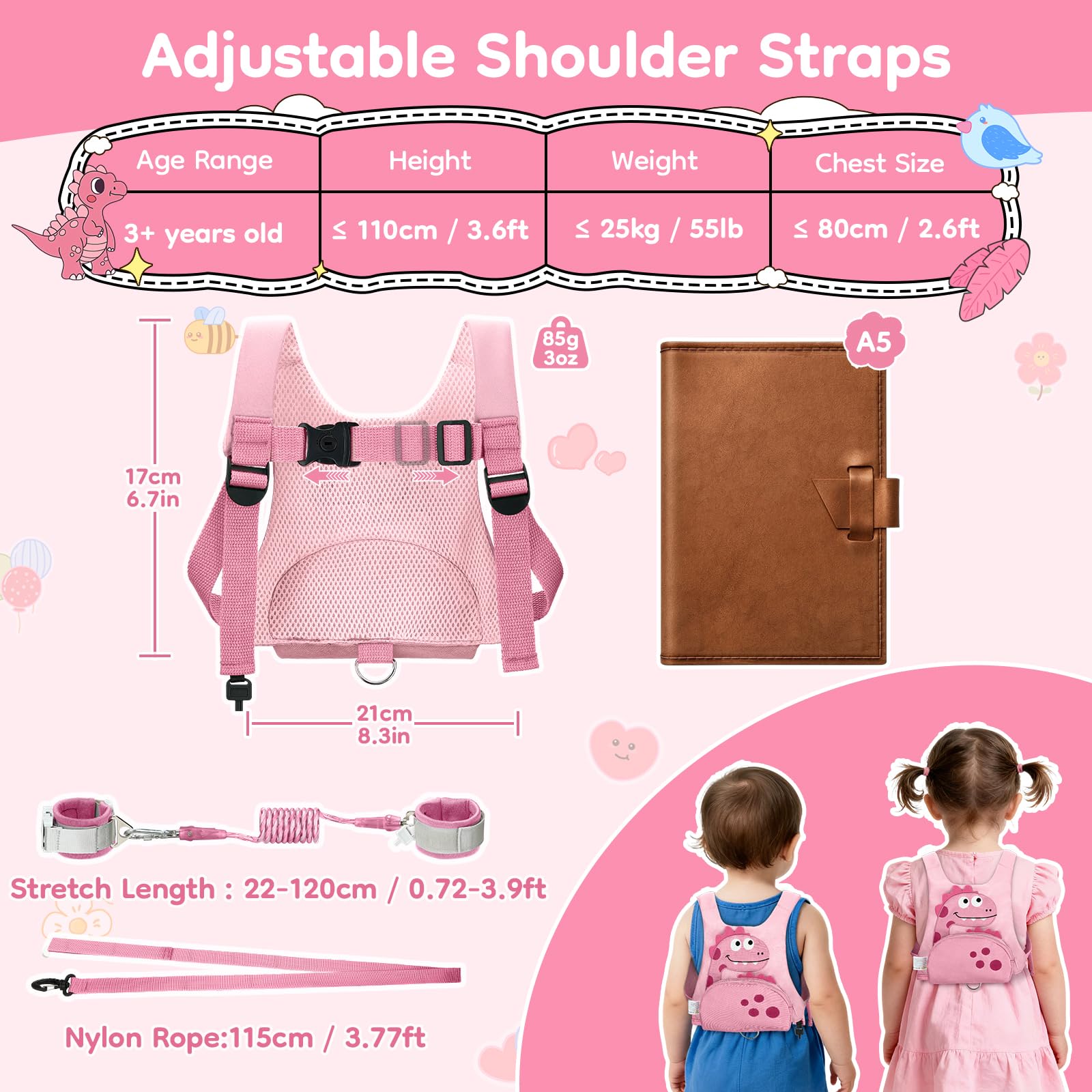 Dr.meter Laisse pour Enfant, 3 en 1 Sac à Dos Anti-Perte avec Laisse Rotative à 360° de 1,2M Rose Dinosaure Mignon avec Serrure, Equipement de Sécurité pour L'extérieur