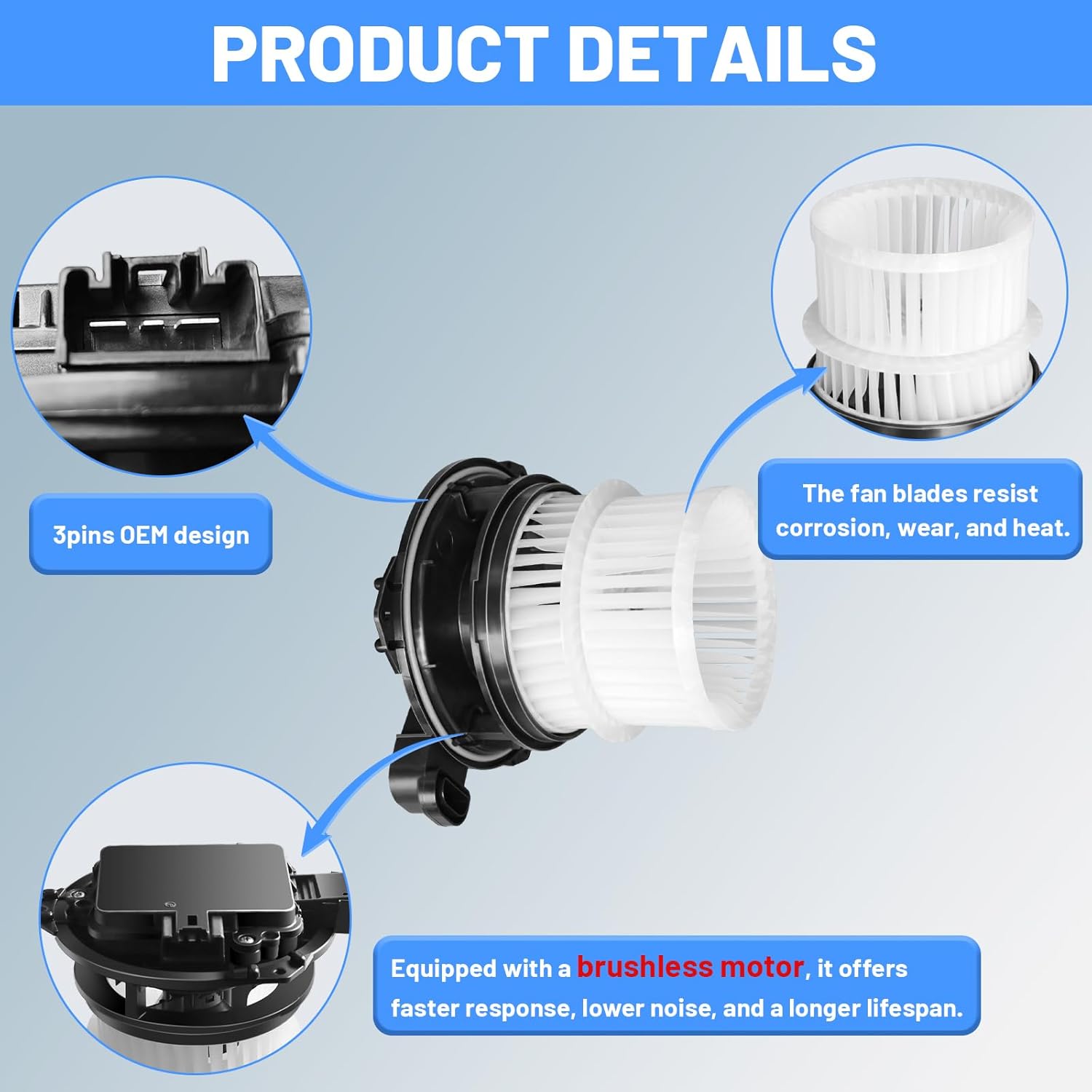 HVAC Heater Blower Motor with Brushless Motor - Compatible with Toyota Camry 2018-2024, RAV4 2019-2024, Highlander 2020-2024, Sienna 2021-2024 - Replace# 871030E090, Front Side