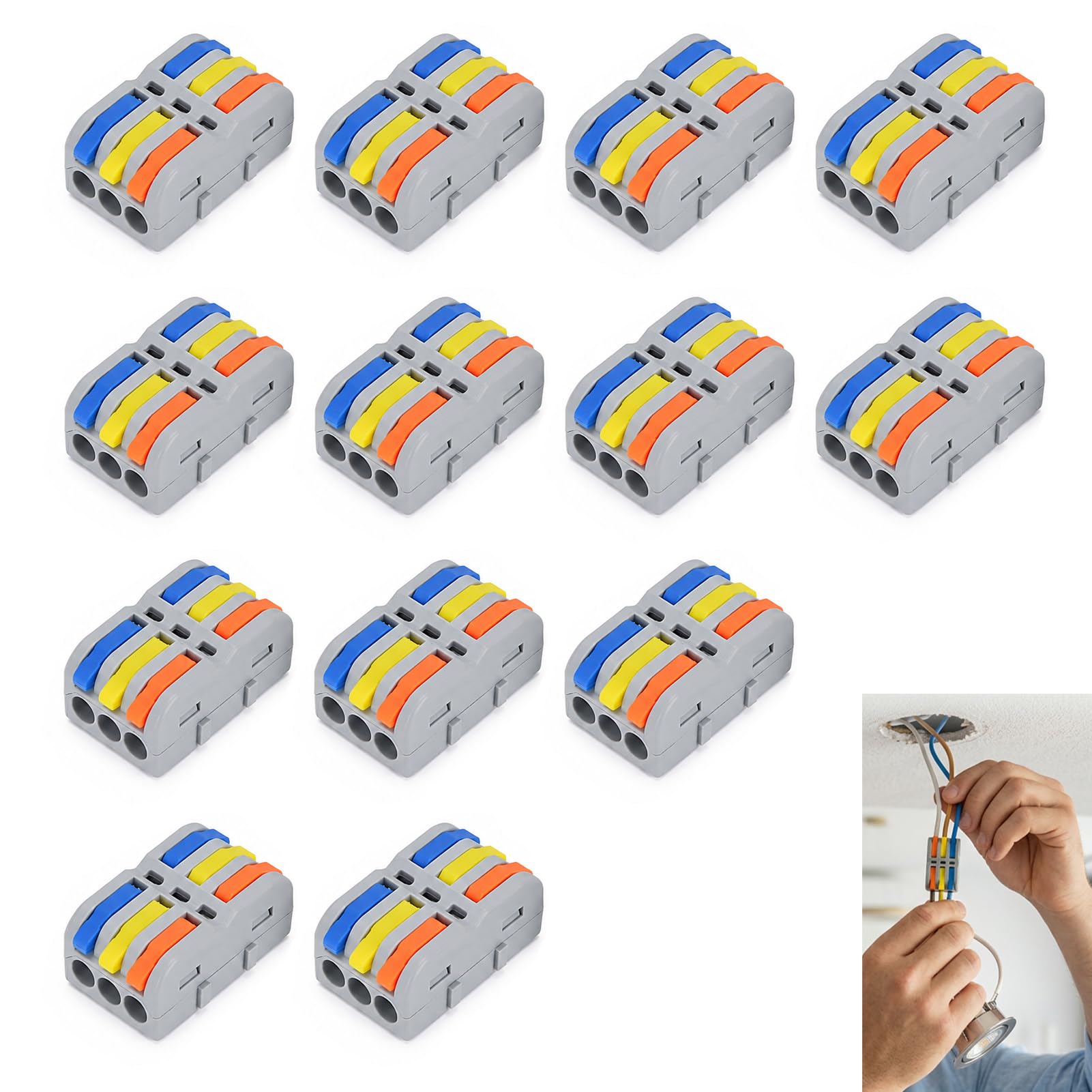 13 Stück elektrische Hebelverbinder, kompakte Spl-Verbindungsklemmen, 3-in-3-Ausgang, Push-Wire-Federklemme, schnelle und sichere Verbindung für starre und weiche Drähte 0,08-4 m², 400 V, 32 A