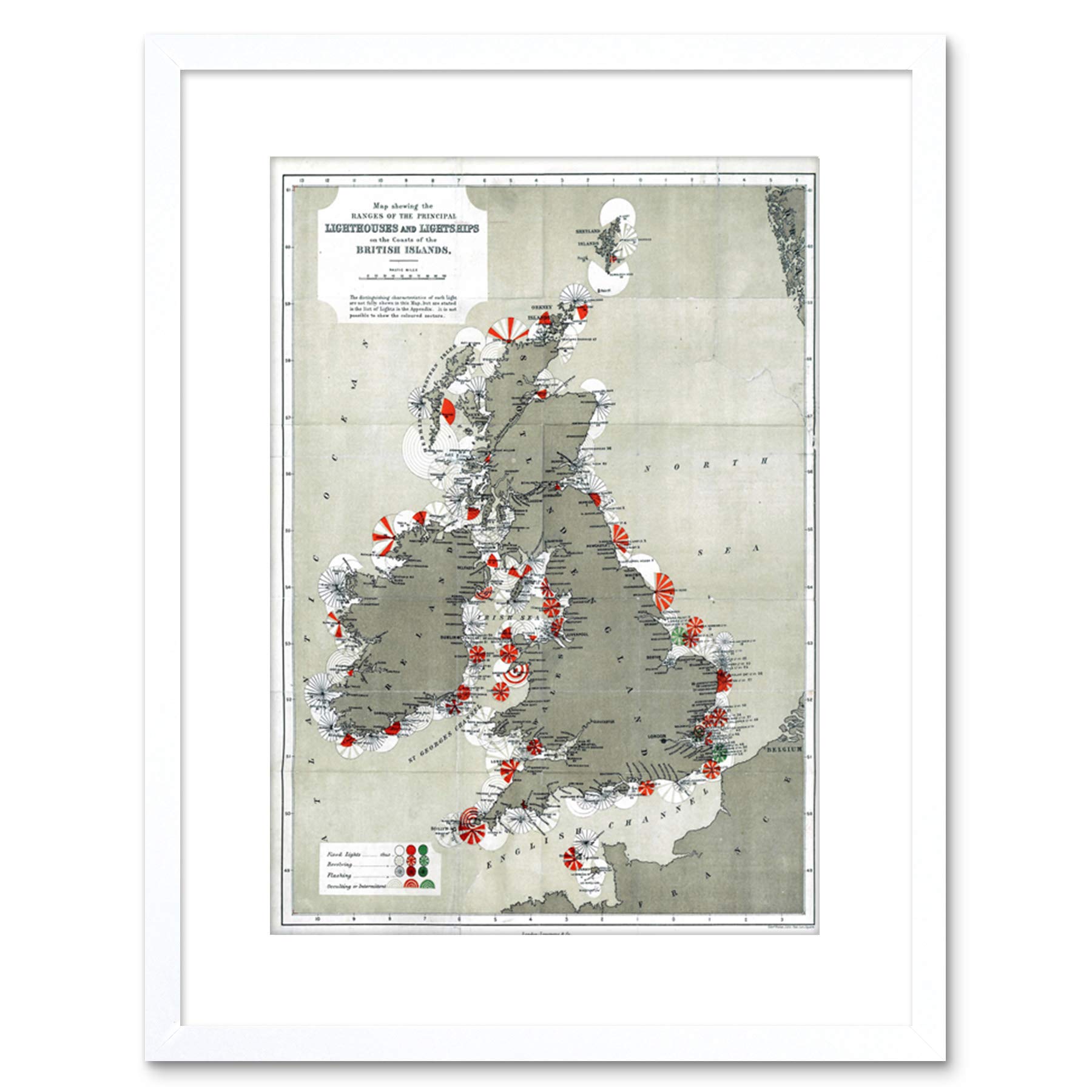 Wee Blue Coo MAP ANTIQUE 1884 PRICE LIGHTHOUSES LIGHTSHIPS UK FRAMED PRINT F97x11369