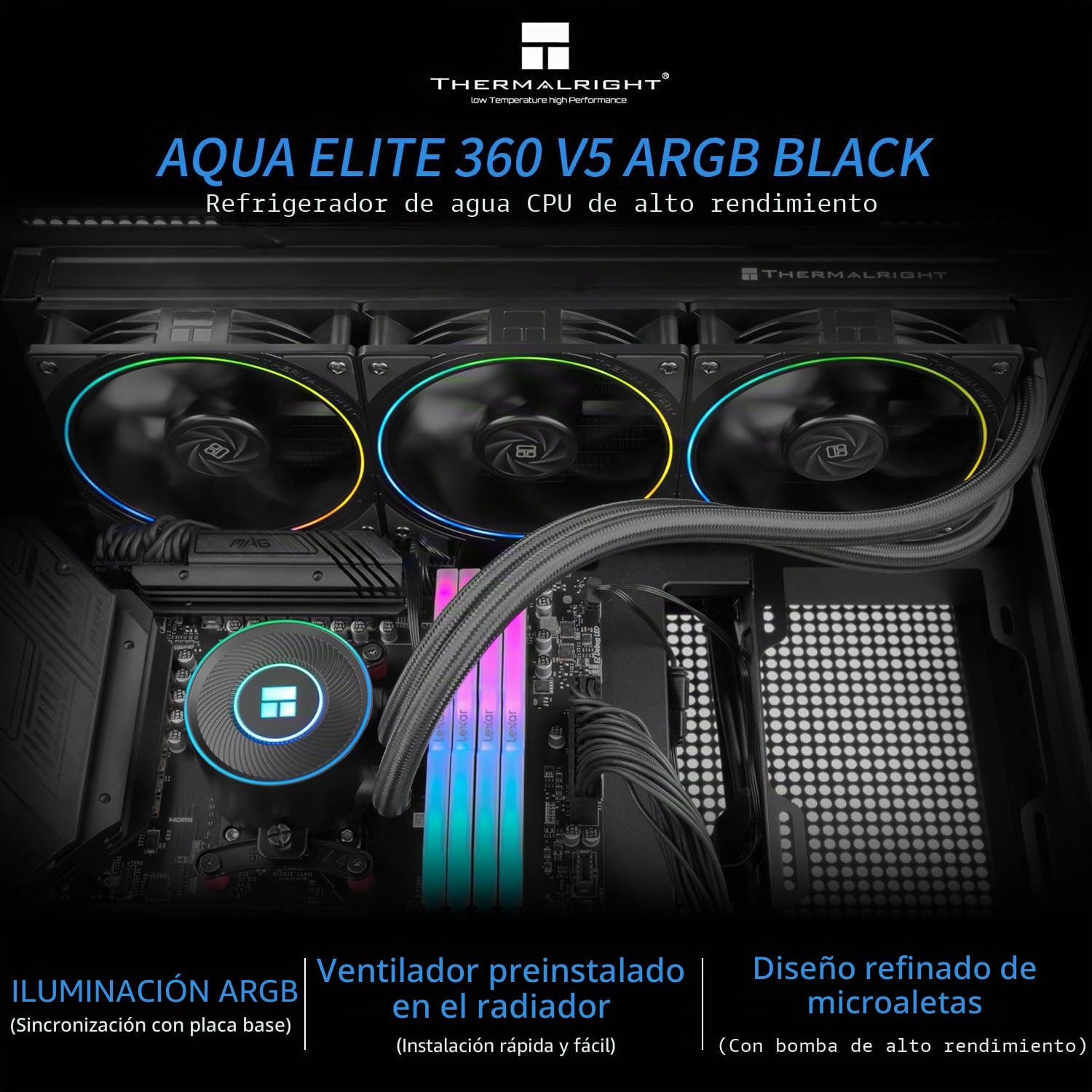 Thermalright Aqua Elite 360 V5 ARGB Negro CPU enfriador líquido, 360 tamaño de fila de enfriamiento, para AM4 / AM5, Intel LGA115X /1200/1700/1851, 360 mm AIO