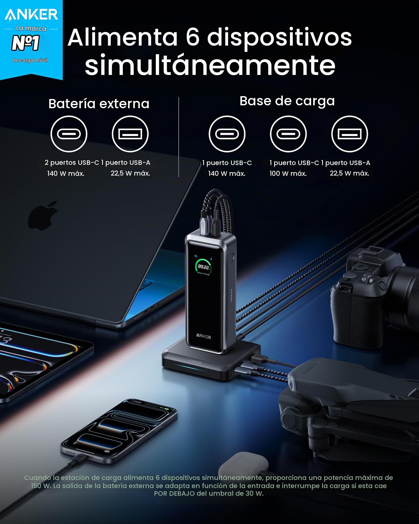 Anker Prime Power Bank con Base de Carga, 26.250 mAh, 300 W | Para 6 dispositivos, carga bidireccional, apta para vuelo, control por app, compatible con MacBook e iPhone