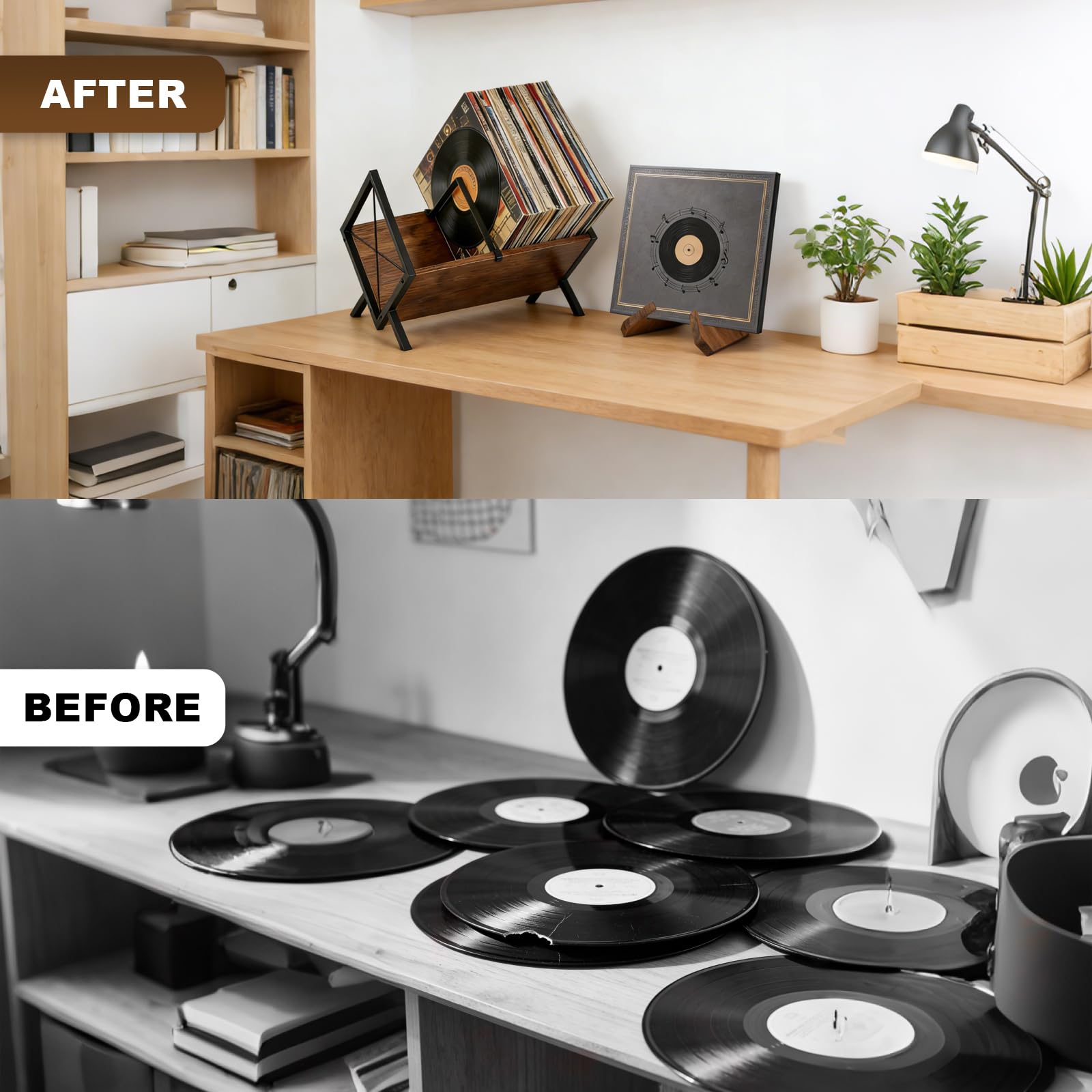 BigKing Estantería Vinilos y Exposición, Soporte para Discos de Vinilo con Divisor Ajustable, Fácil de Montar, Metal y Madera, Organizador Vinilos para LP Vinilo CD, Álbumes