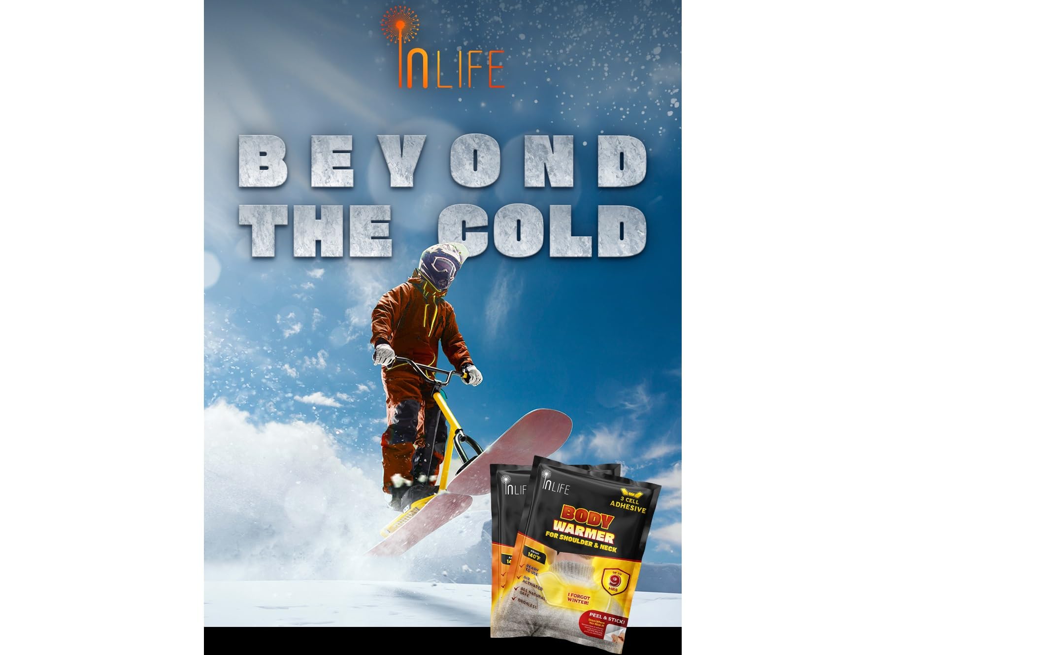 InLife Warmer for Shoulder & Neck and Body, Adhesive Type, Wider Area Covered, Outdoor Activities, Air-Activated, Single Use, Ready to Use, Consistently Long Last for 9 Hours, Odorless, 20 Packs