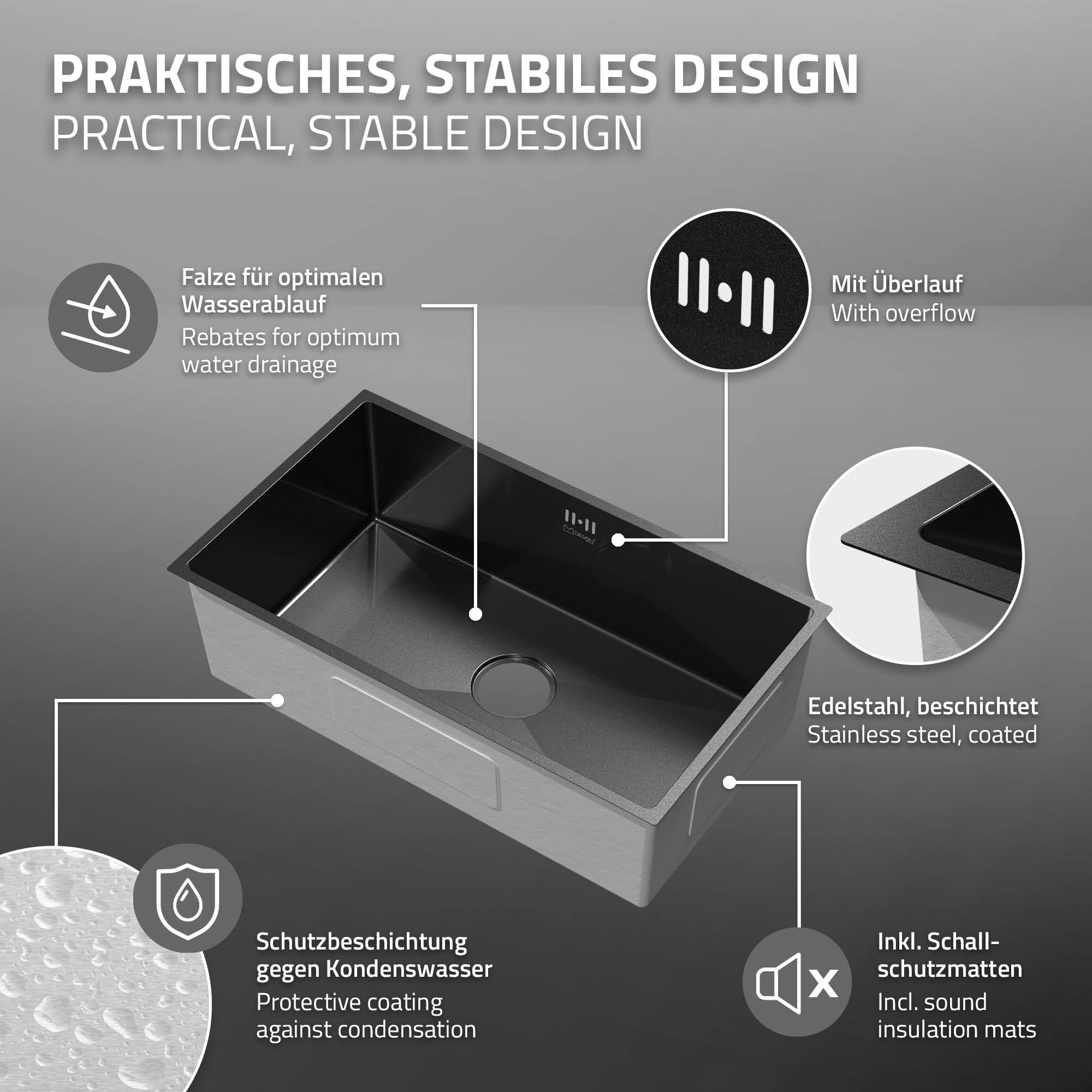 ML-Design Fregadero XXL de Cocina de un Seno 70x40 cm Antracita Lavabo Angular Sobre Encimera o Enrasado con Juego de Desagüe y Rebosadero Cubeta de Acero Inoxidable Anti-condensación