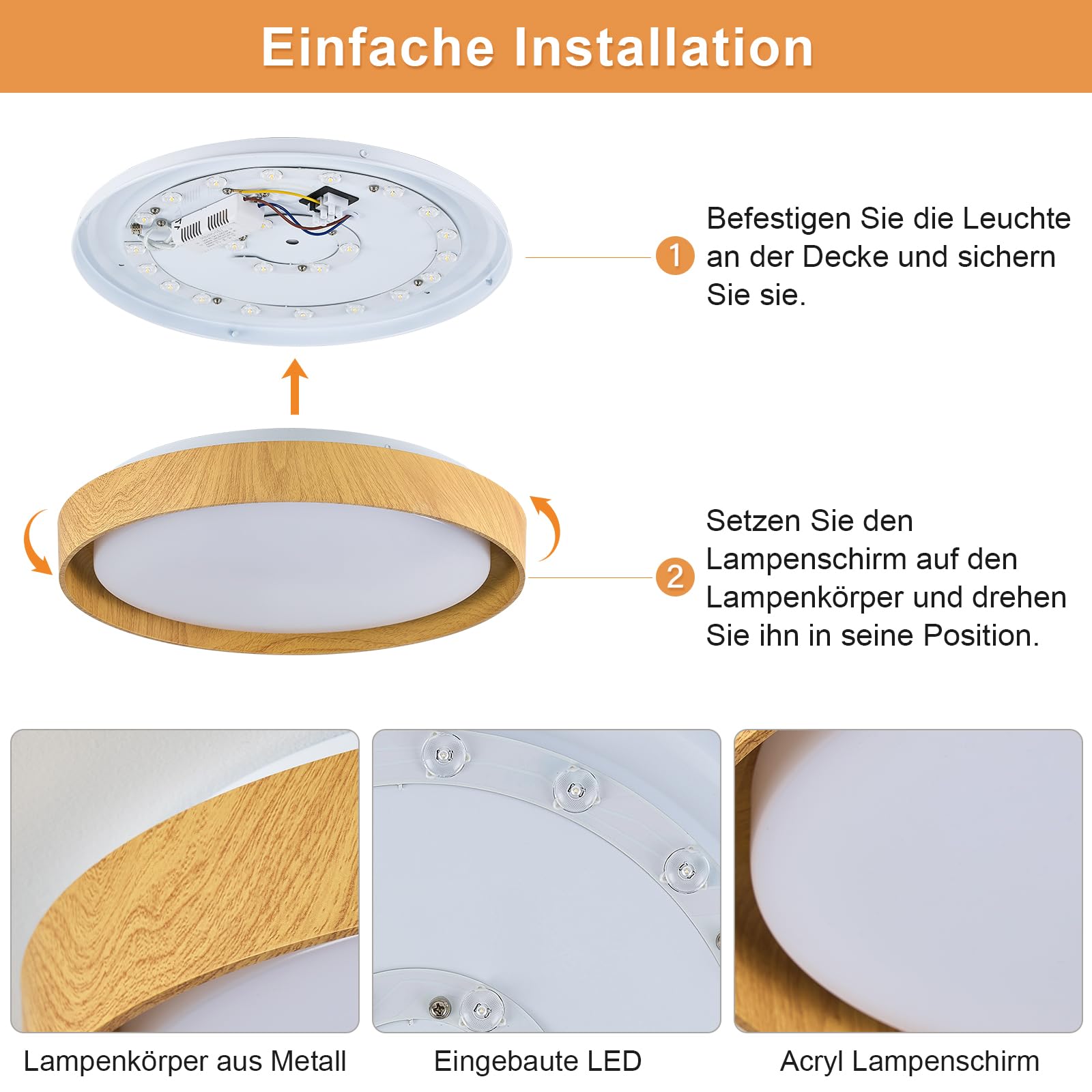 Qamra Plafón LED de Techo, Lámpara de Techo Redondo de 41 cm, Lámpara de Techo Metálica Moderna con Acabado de Madera para Sala de Estar, Cocina, Comedor, Dormitorio, Pasillo, Lavadero, 4000K, 36W
