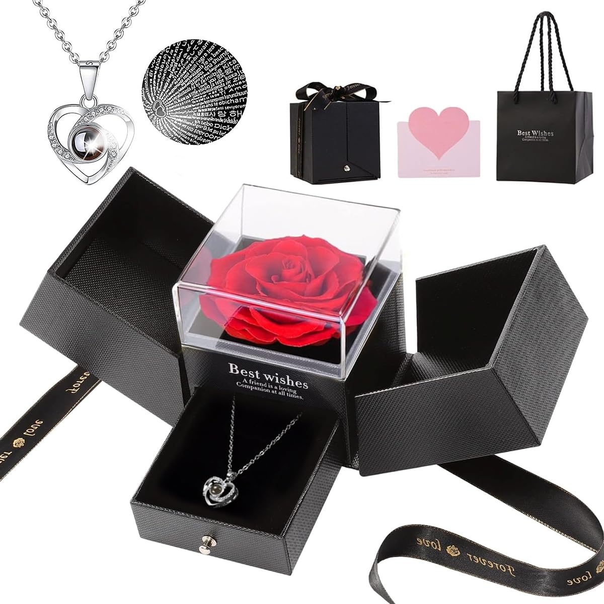 HASTHIP Women's Metal Rose Flower Gift Set - Eternal Rose Necklace with 'I Love U' Projection