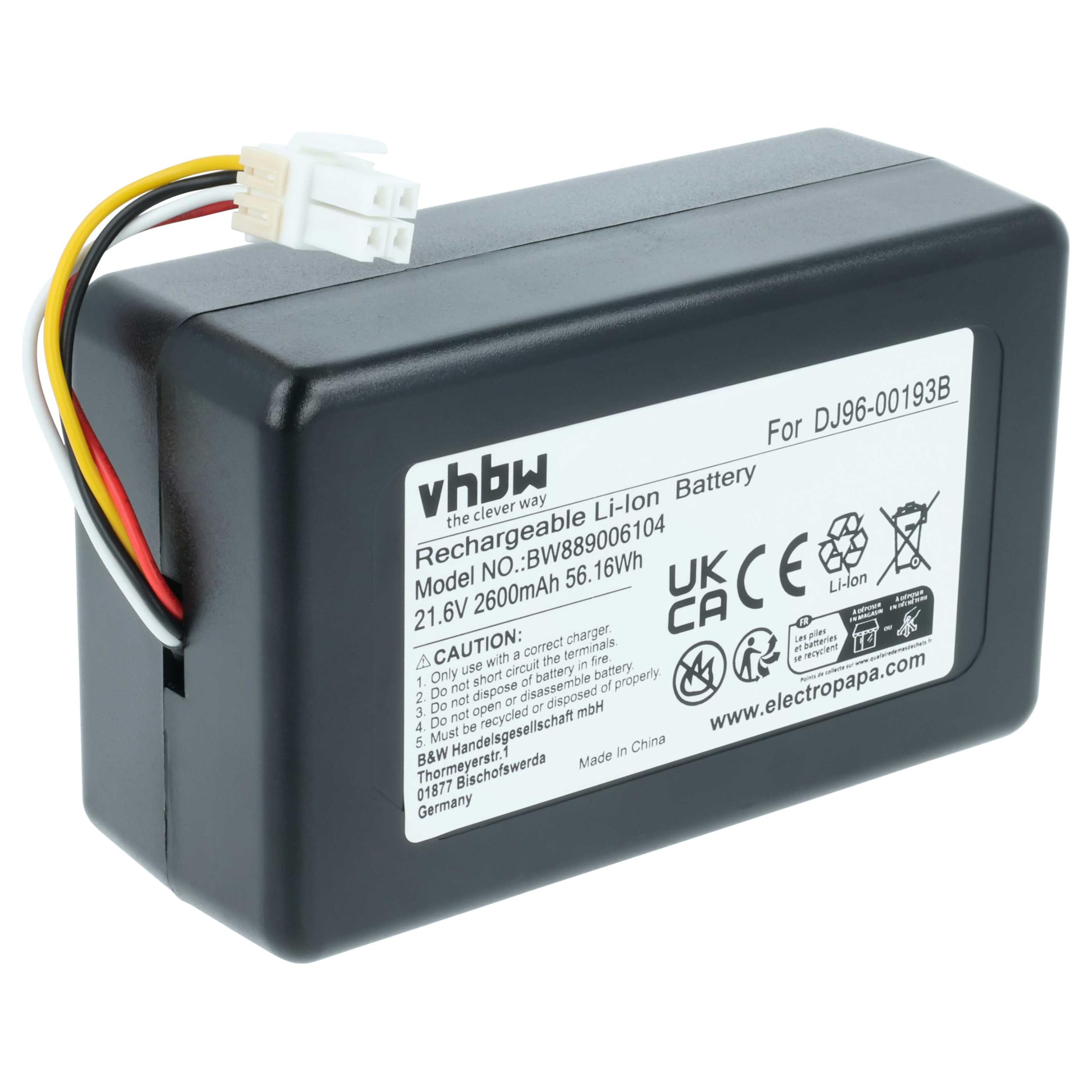 vhbw Akumulator kompatybilny z robotem odkurzającym Samsung Powerbot VR20J9250UC/EN, VR20J9250UK/SA, VR1AM7040WG/AA (2,6 Ah, 21,6 V, litowo-jonowy)