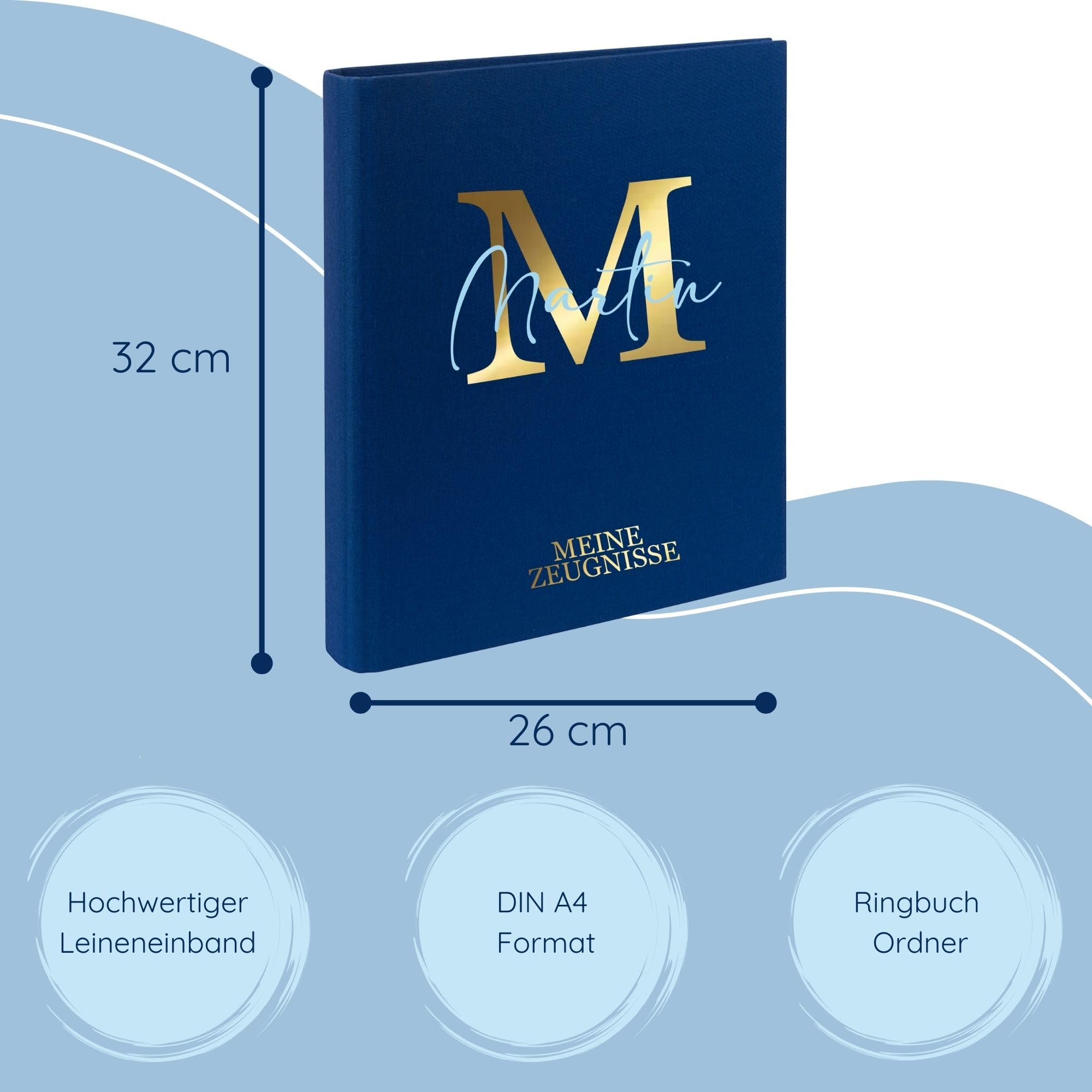 Zeugnismappe Kinder mit Namen personalisiert | Dokumentenmappe Buchstabe Initiale für Mädchen Jungen | Zeugnisordner Leinen zum Einsortieren von Urkunden (Navy)