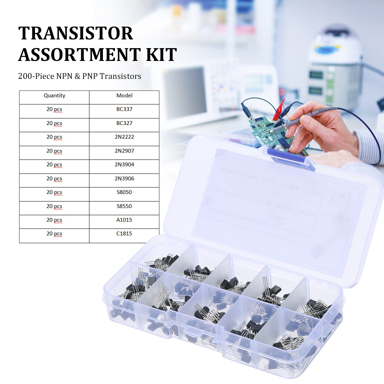 Kit di 200 transistor di potenza NPN PNP BC337 BC327 2N2222 2N2907 2N3904 2N3906 S8050 S8550 A1015 C1815 per progetti elettronici fai da te riparazione veicoli