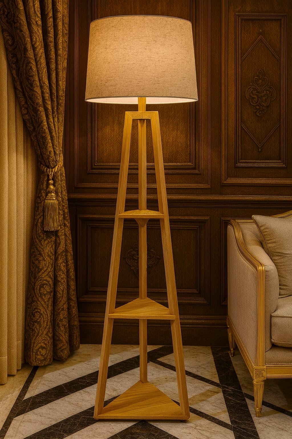 Wooden Shelf Floor Lamp with Fabric Drum Shade, Contemporary Corner Standing Light, Decorative Storage Shelves, Indoor-image-10