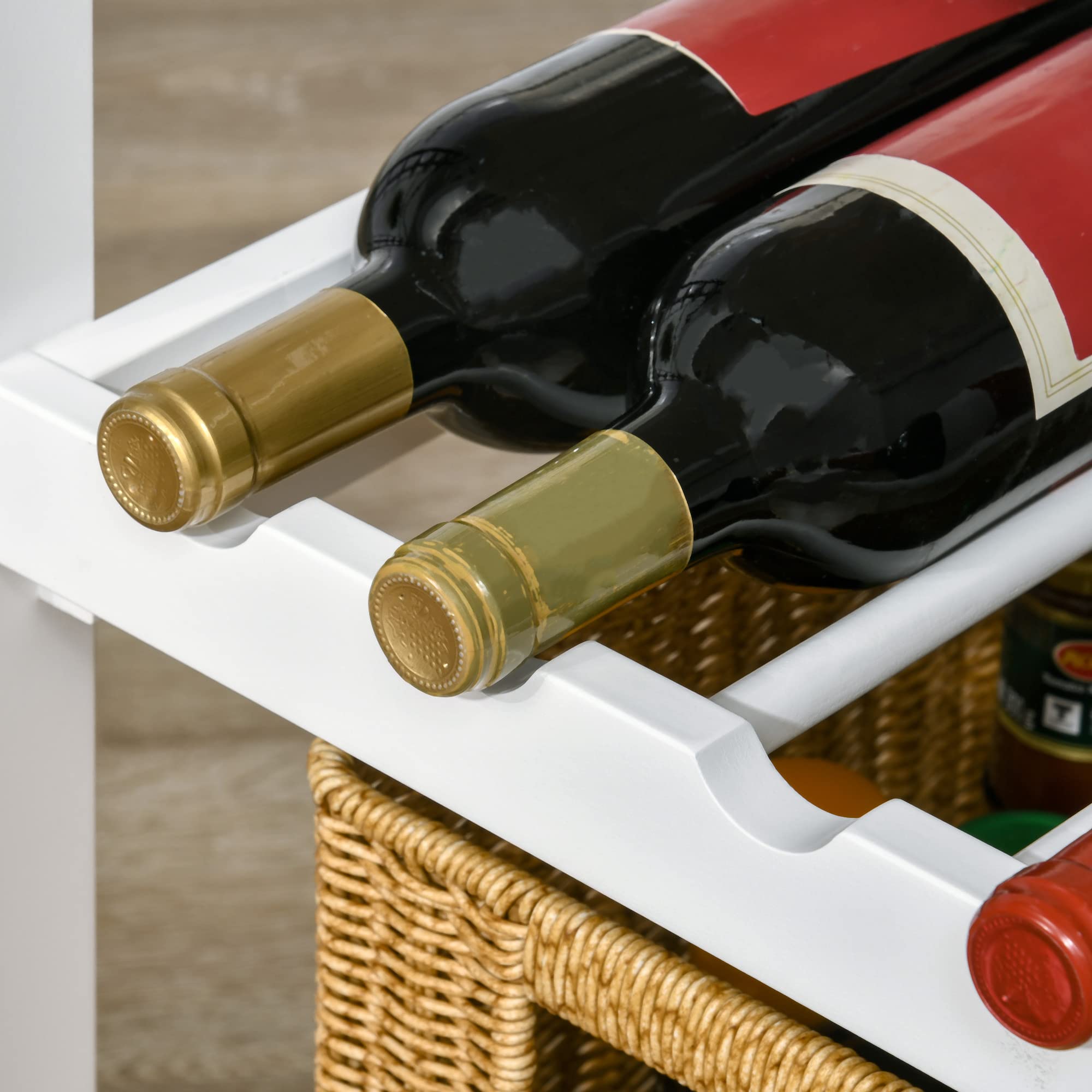 HOMCOM Carro de Cocina con Ruedas 1 Cajón Armario 40 kg 76x48x88 cm Blanco | Carrito de Servicio, Estantes Extraíbles, Botellero para 4 Botellas, para Comedor Salón