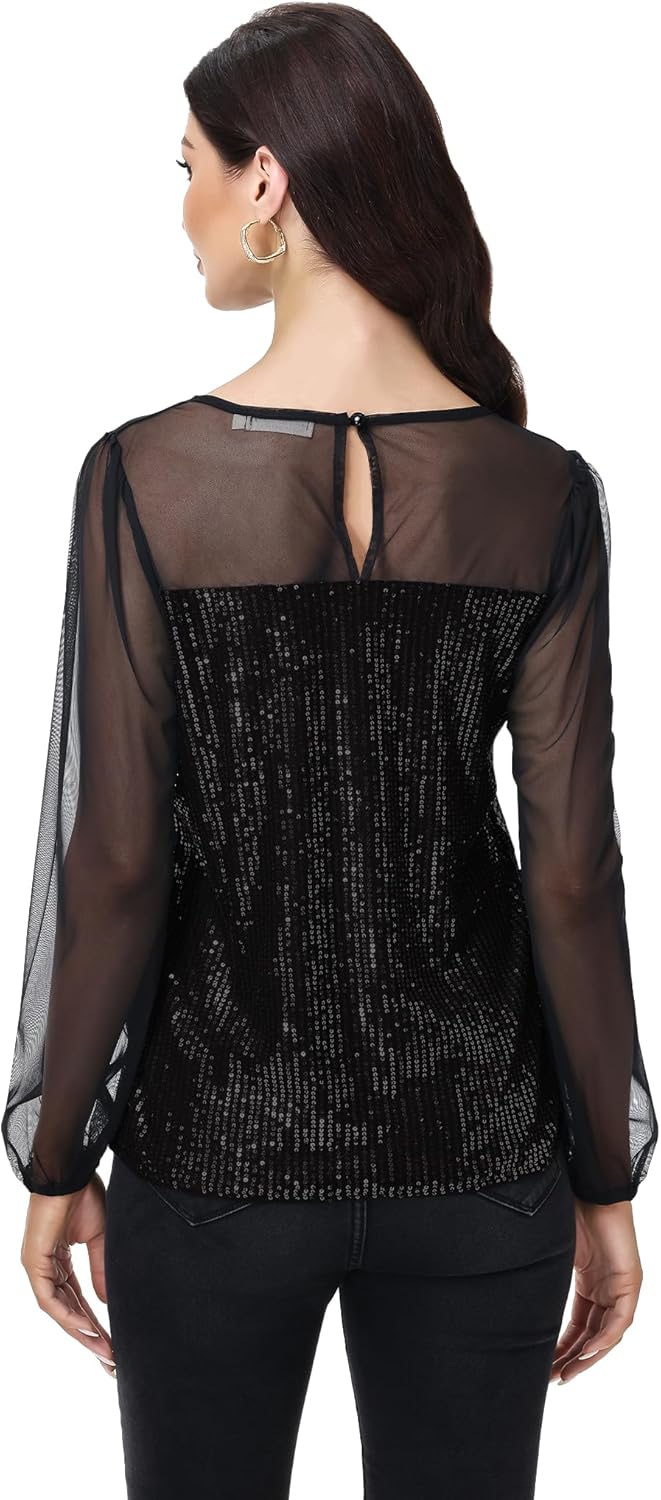 Anna-Kaci Women's Long Sleeve Sequin Blouse Sheer Mesh Top Sparkly Shirt for Holiday Party - Image 3