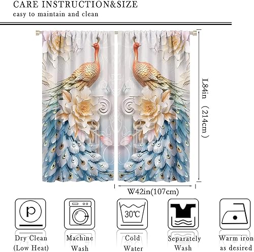 Miniatura 212 de Cortina opaca con estampado de pavo real, con estampado de animales retro, con bolsillo para cortinero y flores de peonía doradas, para dormitorio,