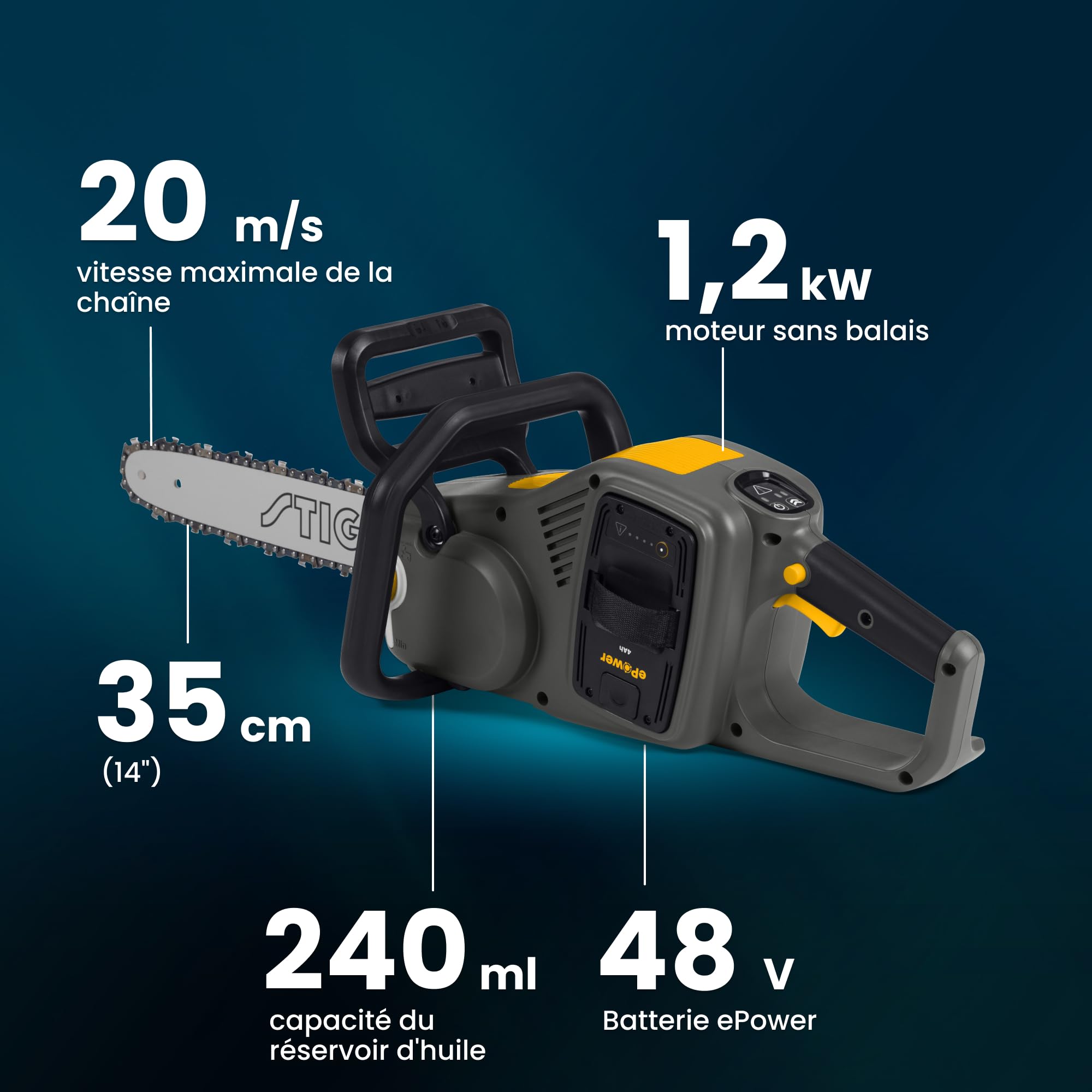 STIGA CS 700e Tronçonneuse à batterie 48V, 1.2 kW moteur brushless, chaîne PX, panneau LED, sécurité inertielle, guidon soft-touch, haute puissance et autonomie, batterie et chargeur non inclus
