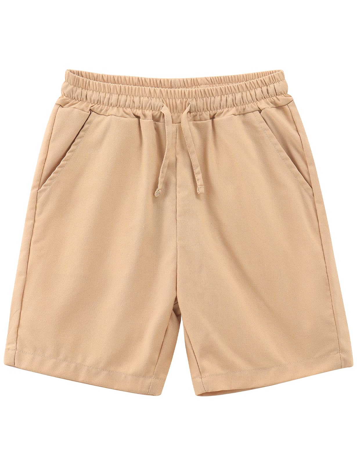 Spring&Gege Pantalones cortos de lino para niños, casuales, sin cierre, cintura elástica, cordón de ajuste, pantalones cortos de playa para verano