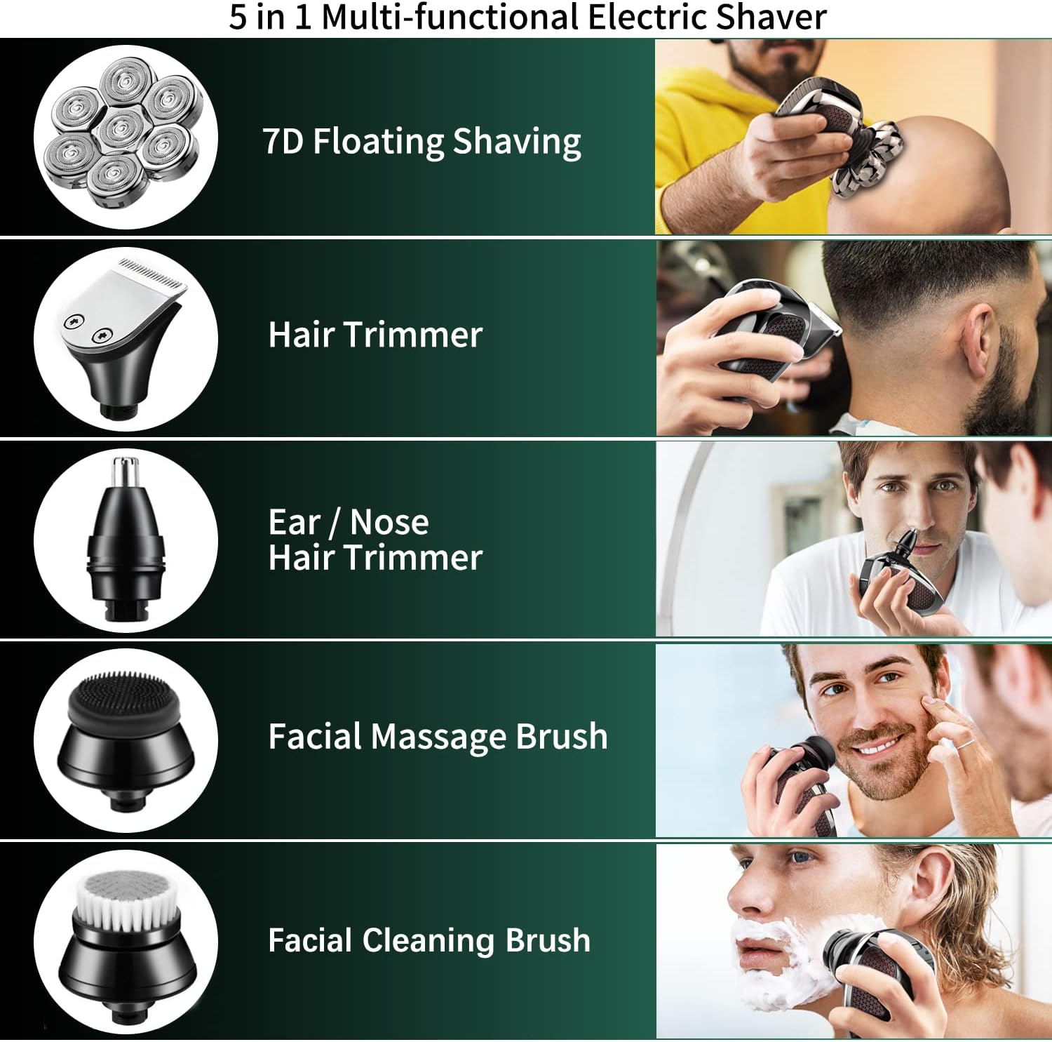 Head Shaver for Bald Men 7D, Bald Head Shavers for Men Wet&Dry,CHLANT 5-in-1 Electric Head Shaver for Men Head Razor Cordless Rechargeable Waterproof, Electric Razor for Men Rotary Shaver Grooming Kit - Image 3