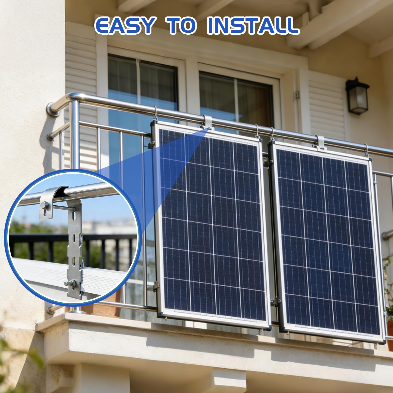 EXLECO 4 x Haken für Balkonkraftwerk Halterung, Balkonhalterung Solarmodule Montageset, Edelstahl Solarpanelbefestigung Haken, Solarpanel Montagezubehör für Balkongeländer Flachdach Solarzaun, Silber