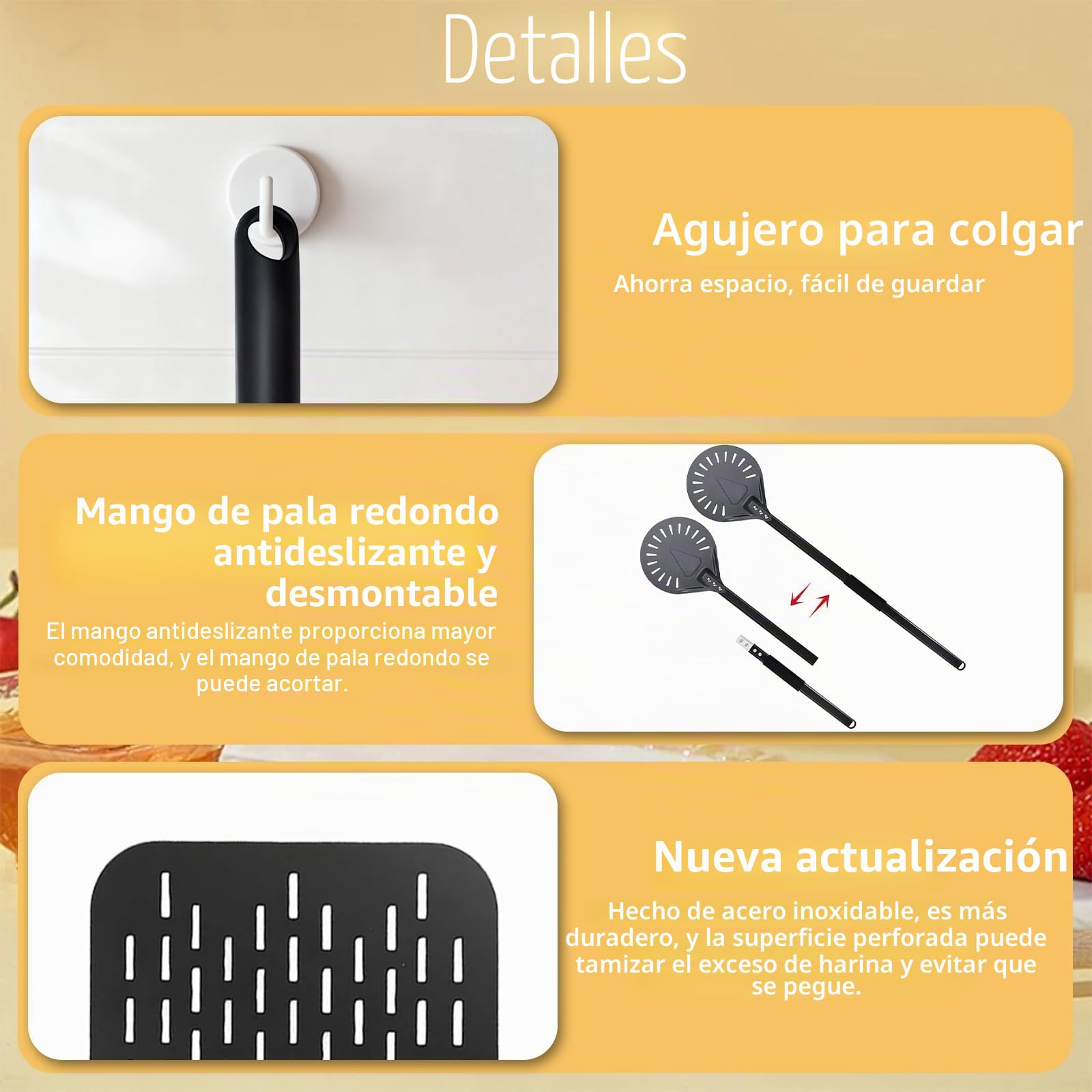 Juego de Palas para Pizza, 30 cm Redonda (Mango 80 cm) + 20 cm Cuadrada (Mango 40 cm), con Agujero para Almacenaje, Aluminio, Mango Antideslizante, Ideal para Pizza y Pan en Casa