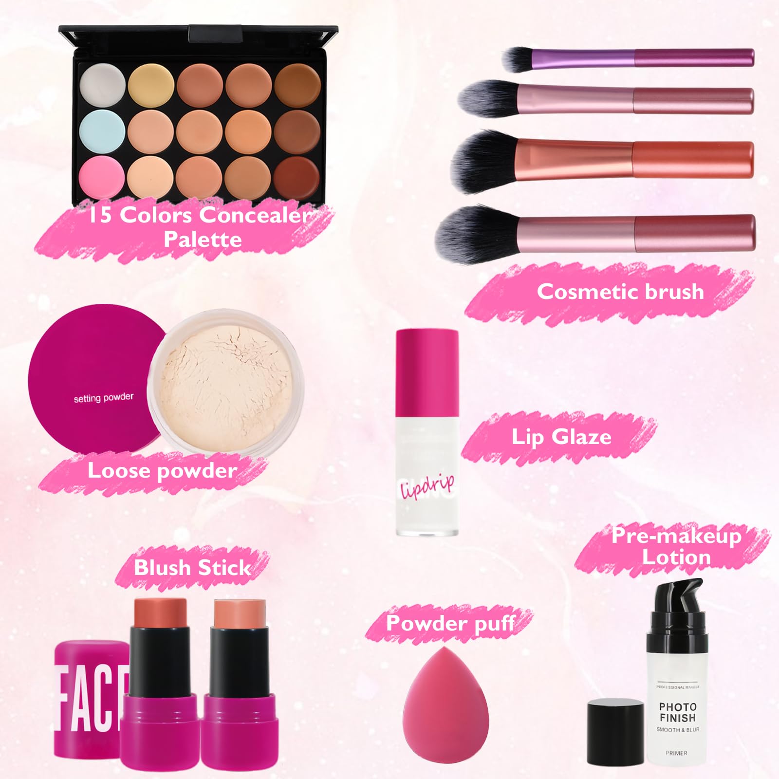 All in One Makeup Kit, 15 Colors Concealer Palette with Face Stick Powder Primer Lip Oil Puff Oval Brush - Image 3
