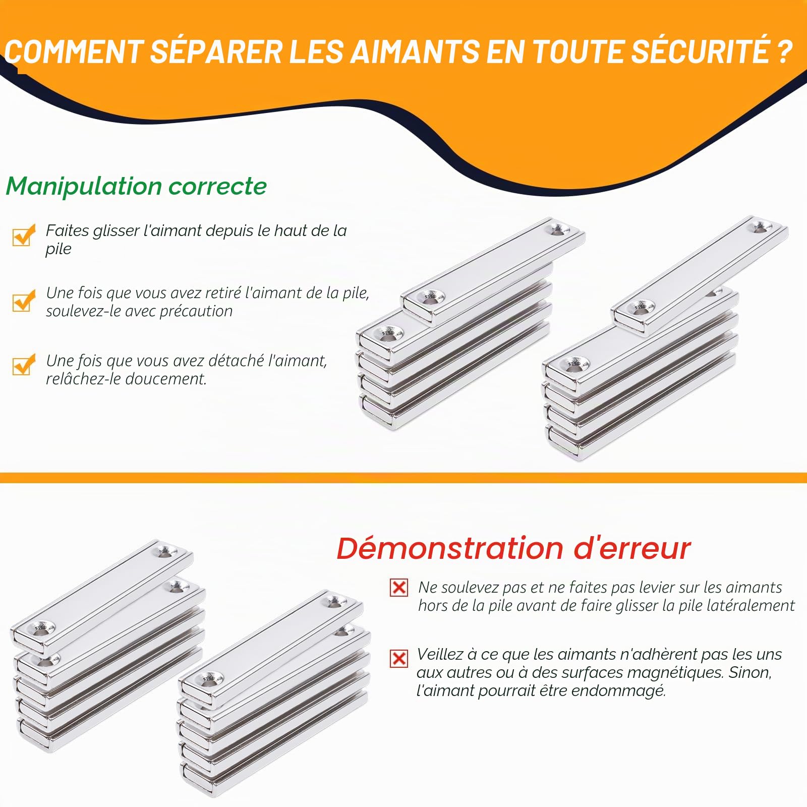 swihorab Lot de 6 aimants en néodyme extra puissants - 40 x 13,5 x 5 mm - Aimants rectangulaires à visser - Avec trou magnétique - Tête fraisée - Aimant industriel en pot avec vis