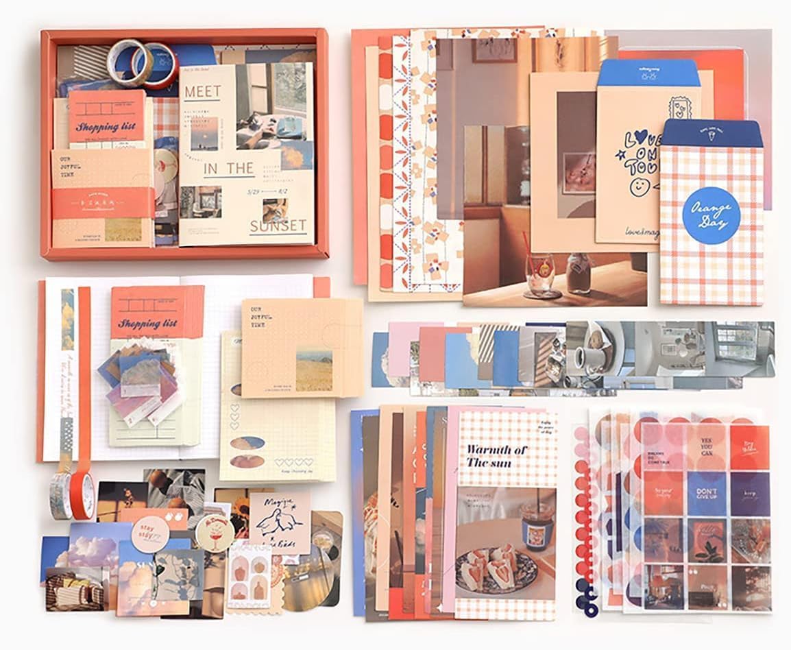 TIXDREEM 346pcs Journal Supplies Kit Scrapbook Stickers Pack for Art Journaling Bullet Ju1nk Journal Planners DIY Decoration Paper Stickers Craft Kits Notebook Collage Album (Sunset Scrapbook)