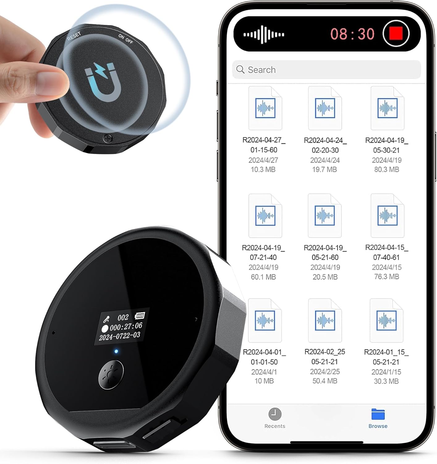 128G (1600 Hour) Magnetic Voice Activated Recorder, Portable Recording Device MP3 Records with 72 Hours Battery Time, USB-C Audio Recorder for Work,Lectures,Meetings,Interviews,Classroom