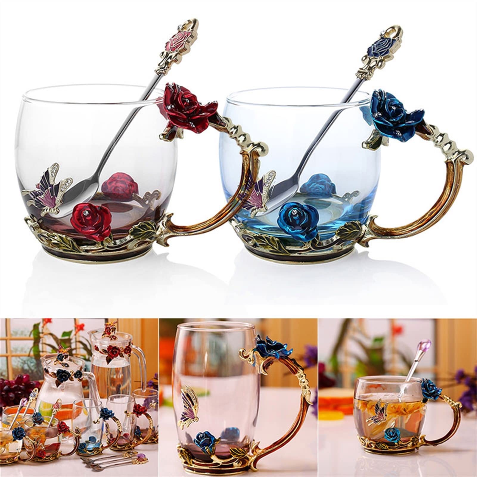 Kaffeetassen mit Untertassen,Tassen & Untertassen Emaille Kaffee Teetasse Becher 3D Rose Butterfly Glas Tassen Hochzeitsgeschenk(Blue Short with spoo)