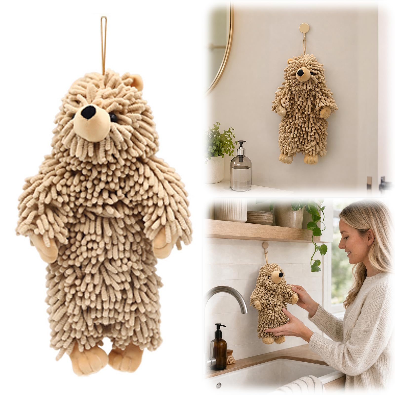 Chenille Bear Hand Towel - Cute 3D Plush Bear Hand Towel with Loops, Super Absorbent Hanging Kitchen & Bathroom Towels for Kids, Microfiber Fuzzy Animal Hangable for Bath, Washstand