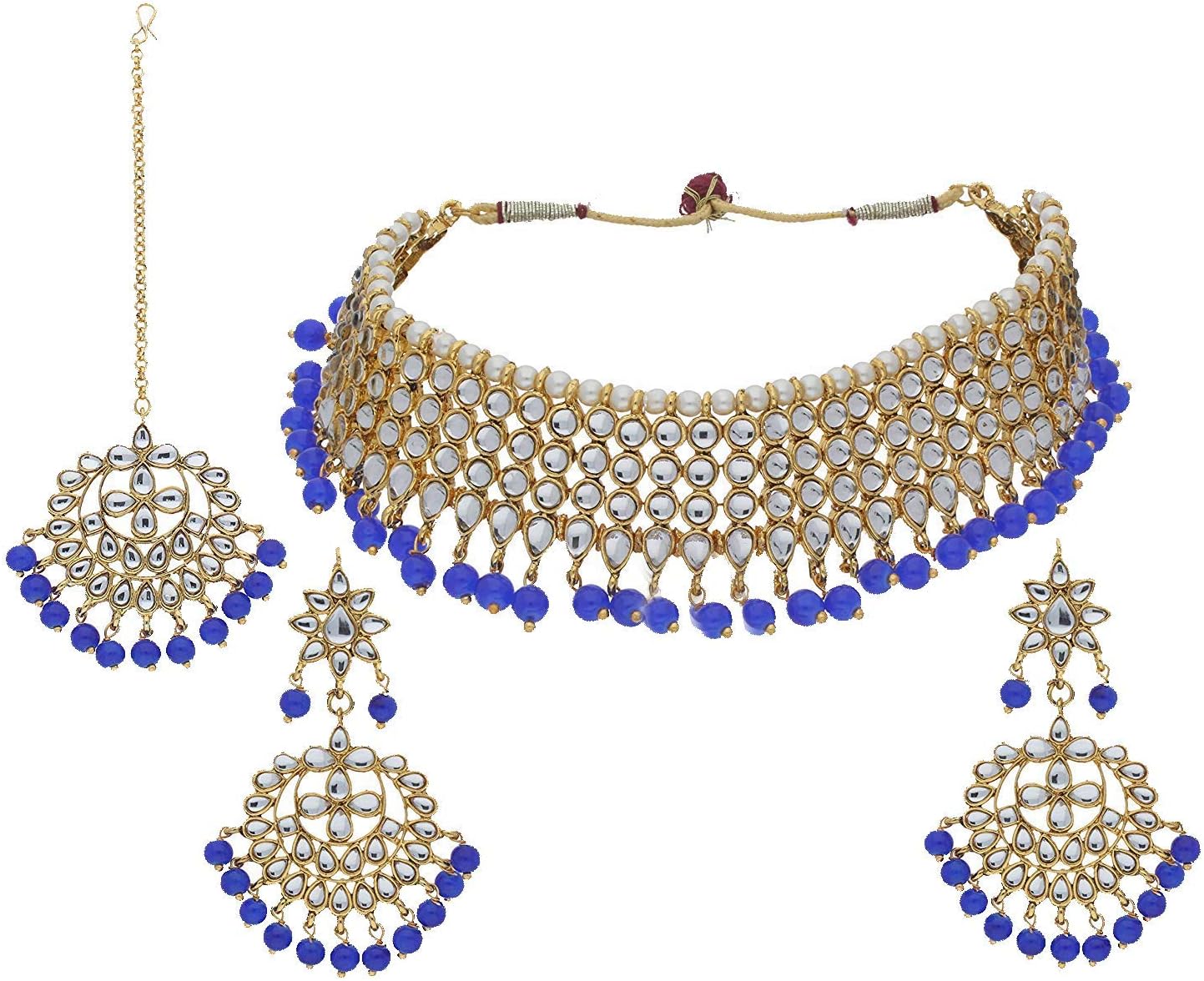 Aheli Indian Blue Color Beaded Necklace Dangle Earrings Maang Tikka Indian Bollywood Style Fashion Ethnic Bharatanatyam jewellery set Gift for Women