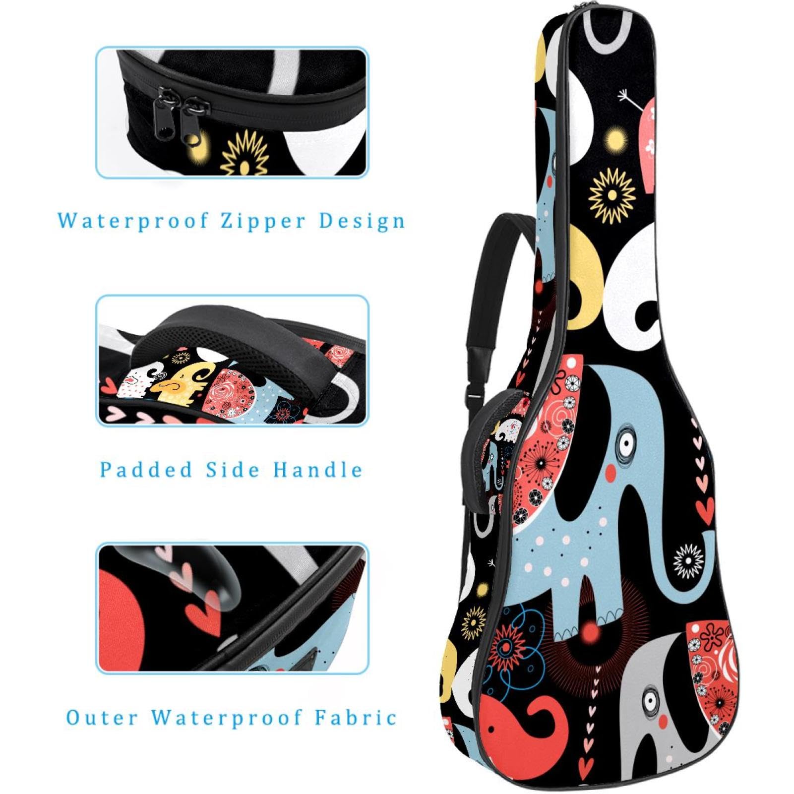 Torba na gitarę akustyczną wodoodporny plecak na gitarę grubo miękki wyściełany słoń klasyczna obudowa na gitarę, wielobarwny, 42.9x16.9x4.7 in, Organizer do torby