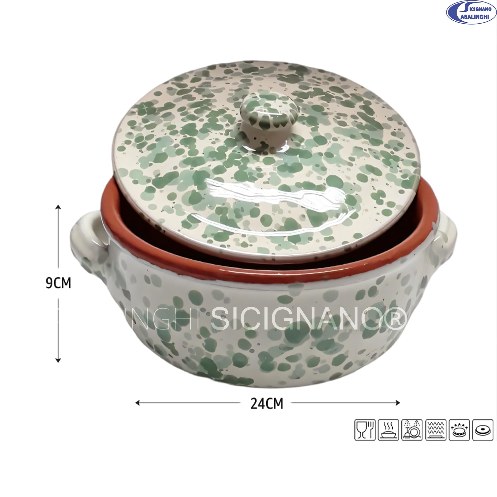 Sicignano Casseruola Terracotta 24 cm con Coperchio, Linea Familia, Made in Italy per Cucina Sana, Adatta a Forno e Gas, Salvia e Salvia Scuro