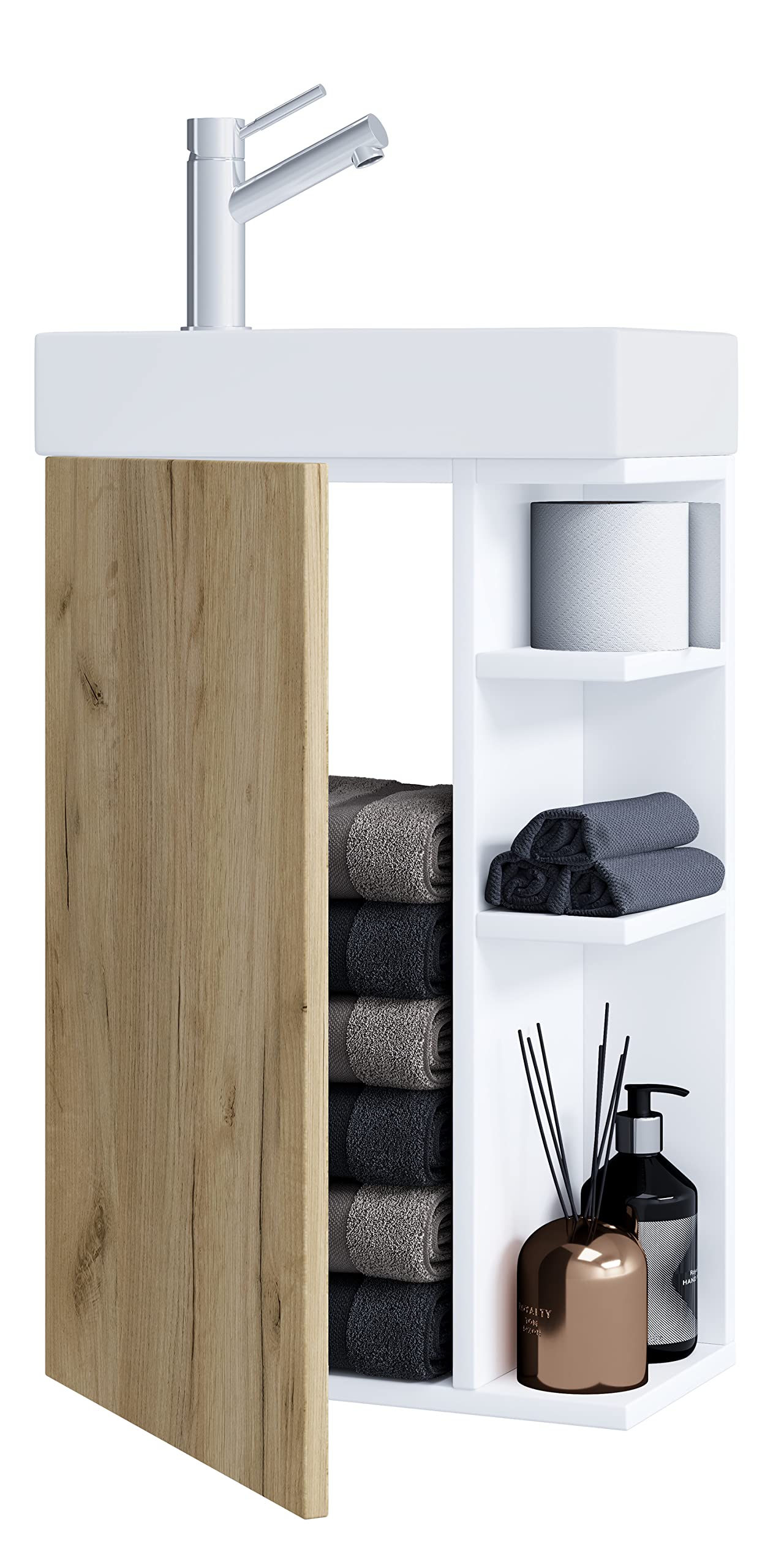VCM Conjunto de Muebles de baño de 2 Piezas WC de Invitados Lavabo de Invitados Lavabo pequeño Estrecho Lumia Roble Blanco/Miel