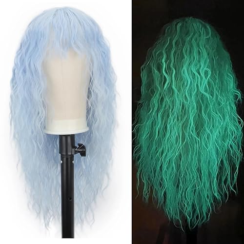 FREE BEAUTY Peluca de cabello ondulado de 26 pulgadas de largo, color azul degradado con flequillo, de aspecto natural, peluca de fibra sintética FREE BEAUTY Peluca de cabello ondulado de 26 pulgadas de largo, color azul degradado con flequillo, de aspecto natural, peluca de fibra sintética