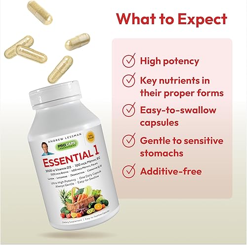 Miniatura 4 de Andrew Lessman Multivitamínico Essential 1, cápsulas pequeñas, 3000 UI Vitamina D3. 250 mcg de metilo B12. Lutein Lycopene Zeaxanthin. Más de 24