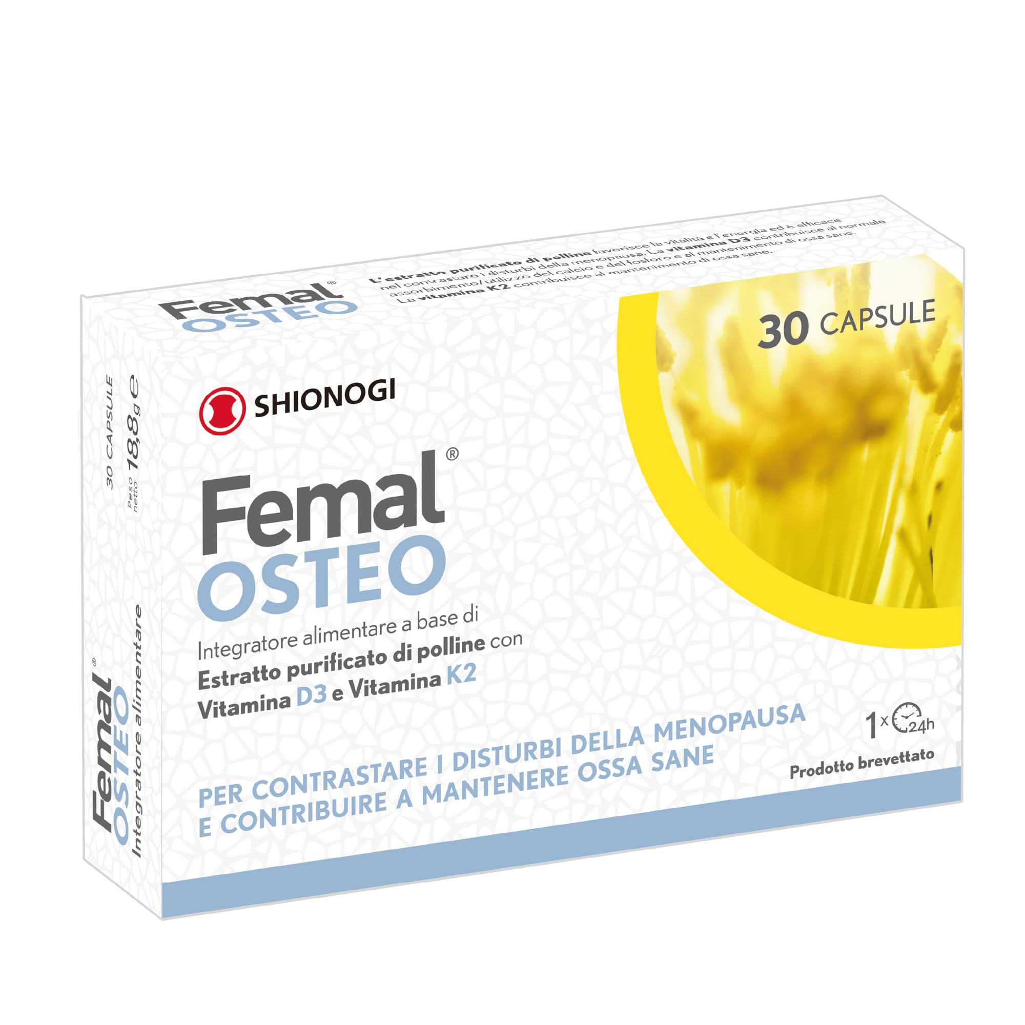 Femal Osteo Menopausa, Integratore Non Ormonale per Ossa Sane 30 Capsule | Integratore Alimentare, Naturale, Non Ormonale per Ossa Sane e Vitalità, Estratto di Polline, Vitamina D3, K2, B6 e E