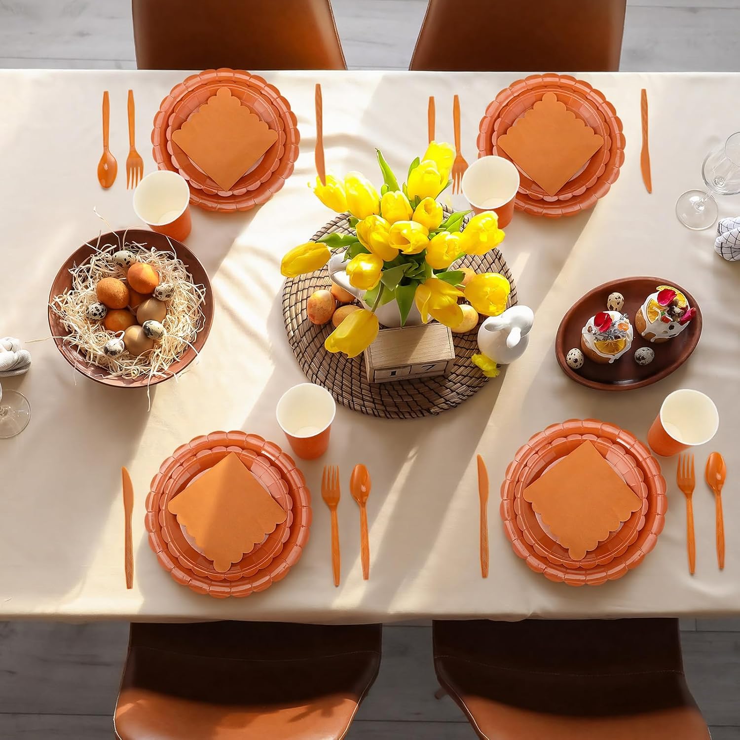 Remerry 168 Pcs Amber Scalloped Paper Plates Cups Set Burnt Orange Tablewares Disposable Party Supplies Include Scalloped Plate Paper Napkin Cup Plastic Cutlery for Wedding Birthday Festivals