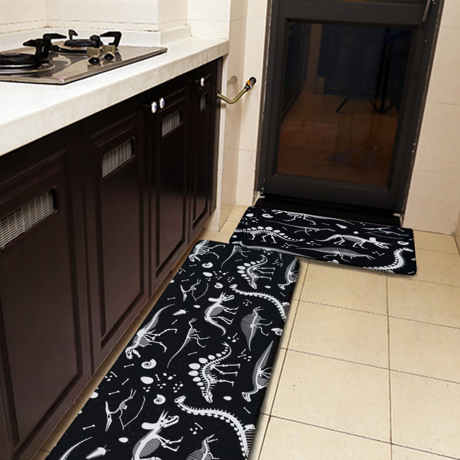 YouTary Black and White Dinosaur Skeleton Pattern Kitchen Rug Set 2 PCS Floor Mats Washable Non-Slip Soft Flannel Runner Rug Doormat Carpet for Floor Home Bathroom, 17