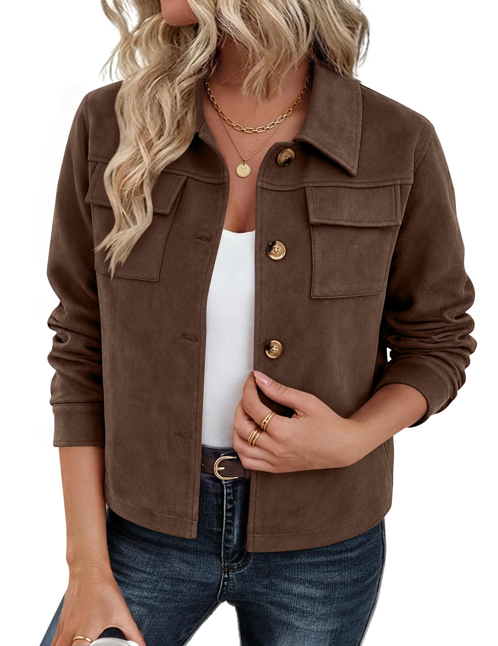 Zeagoo Shackets for Women 2026 Faux Suede Button Down Fashion Crop Jacket