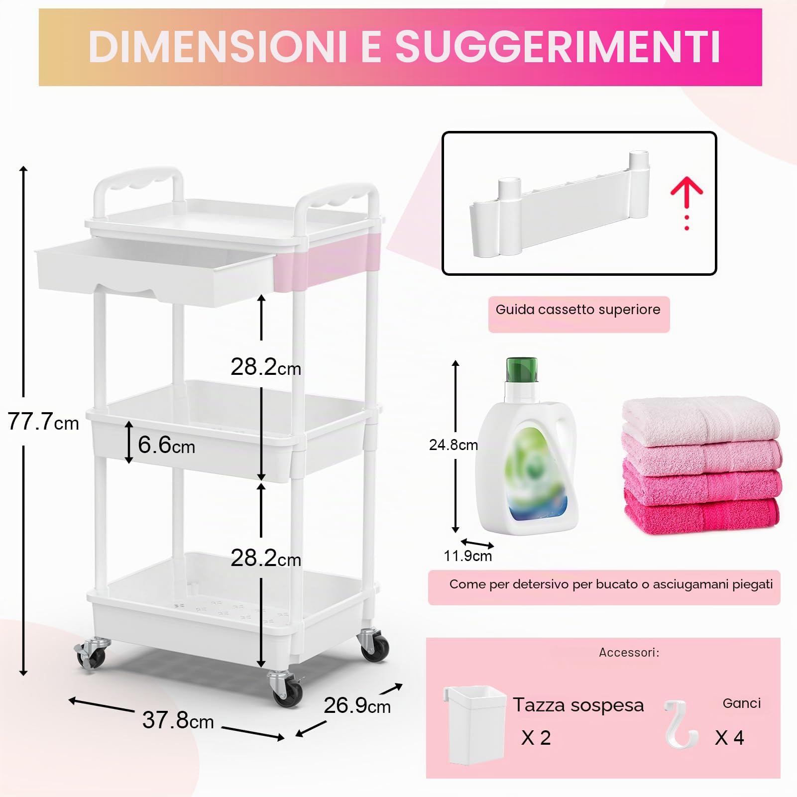 Yeabett Carrello utilitario a 3 livelli con cassetto, mensola in plastica e ruote con bloccaggio, multifunzione per cucina, bagno, ufficio