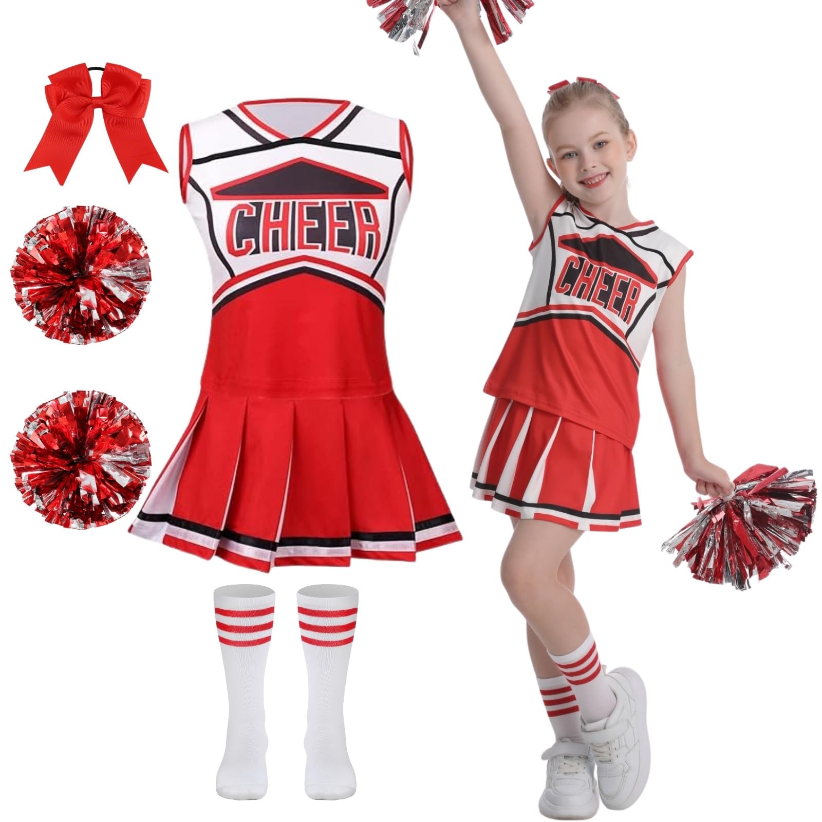 maxToonrain Girls Cheerleader Costume 5 PCS Classic Style Kids Cheerleader Outfit with Pull Ring Pom Poms, Top, Skirt, Socks and Headband for 2026 World Book Day Halloween School Events(Red, 10-11Y)