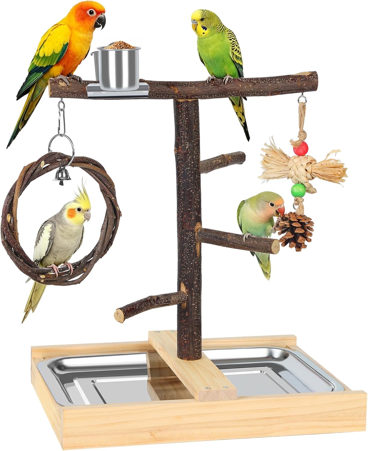 Bird Playground Natural Wooden Parrot Play Stand | Apple Branch Swing, Chew Toys, Feeding Cups, Suitable for Small and Medium Birds Like Parakeets, Budgerigars, Cockatiels