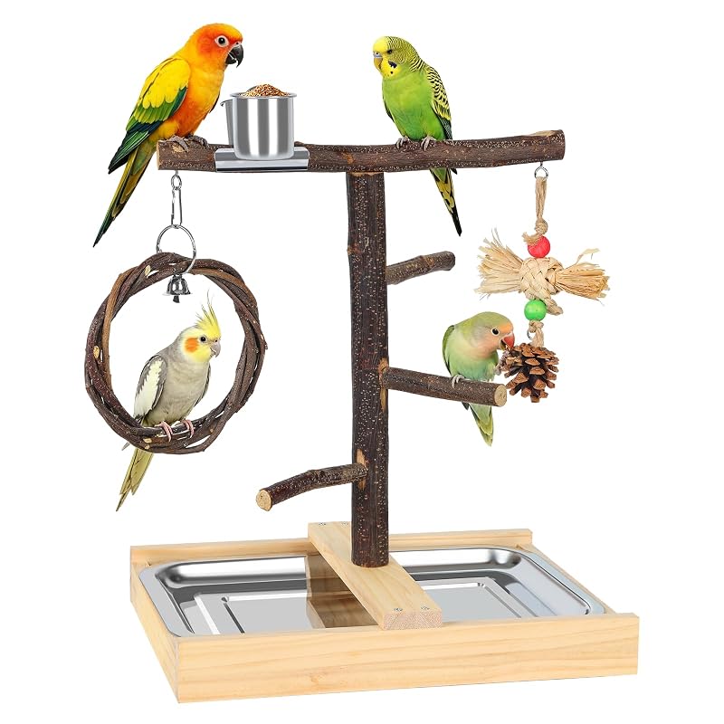 Playground para Aves com Madeira Natural, Balanço e Comedouros Kaliswell – 31,5 x 23,4 x 35 cm