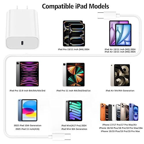 Miniatura 4 de Cargador rápido USB C para Apple iPad Pro 13/12.9/11 en 2025-2018, iPad 11th (A16), iPad Air 5th/Mini 7th, iPhone 17/16/15 Series, cargador USB C,