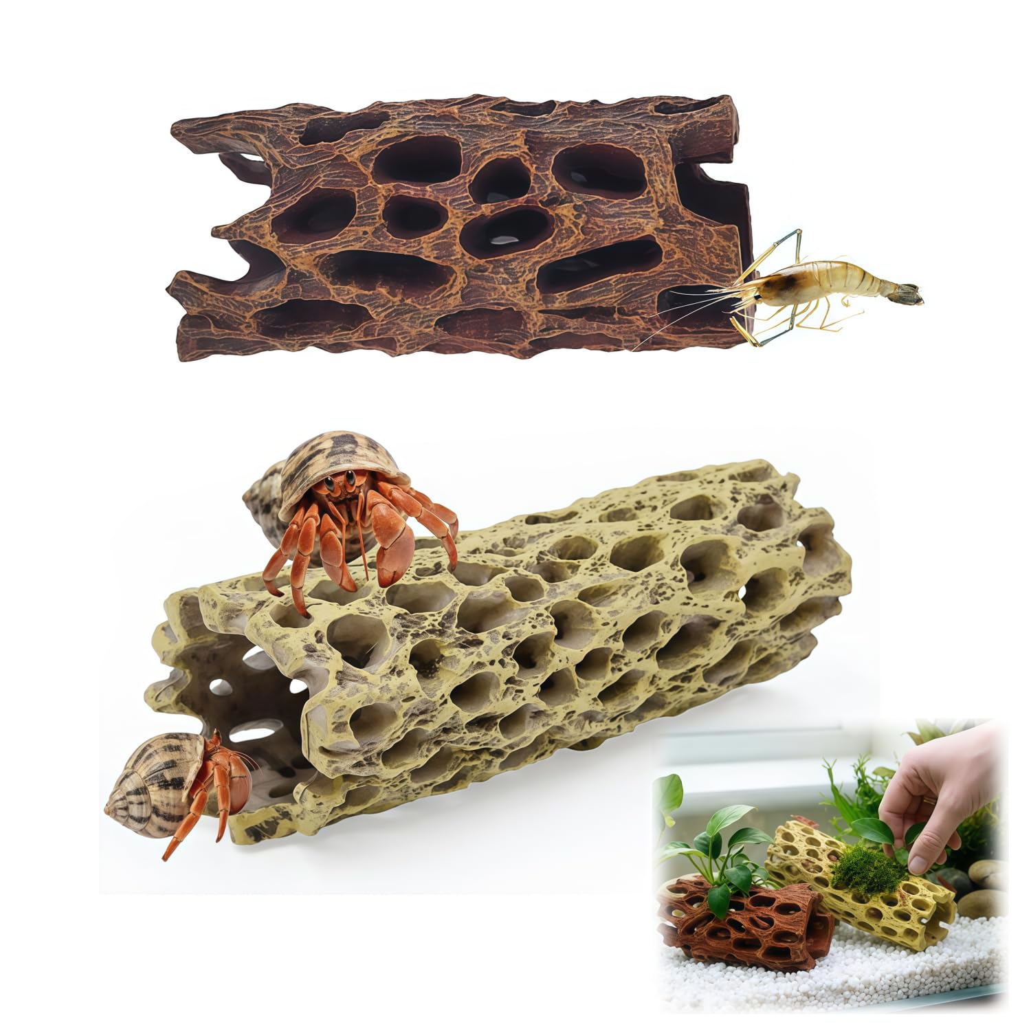 2pcs Shrimp Hide,One Shrimp Cave and Driftwood Set,For Shrimp Habitats Fish Tanks and Aquariums