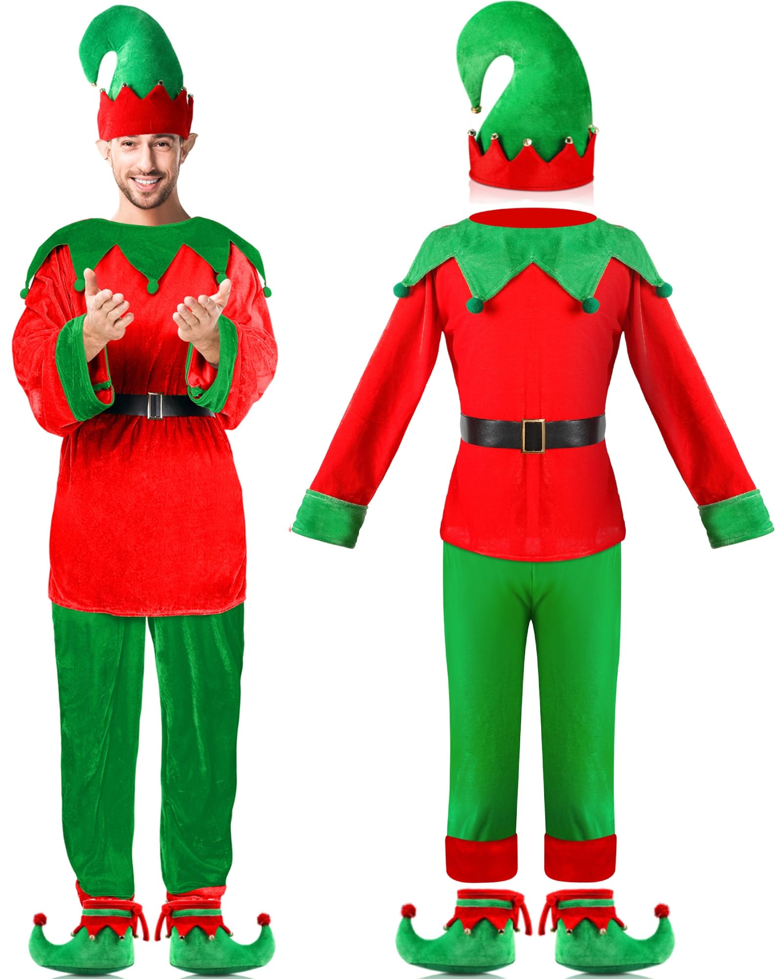 Hicarer Man Adult Christmas Elf Costume Set for Santa's Helper Dress up Outfit with Elf Hat Shoes Belt
